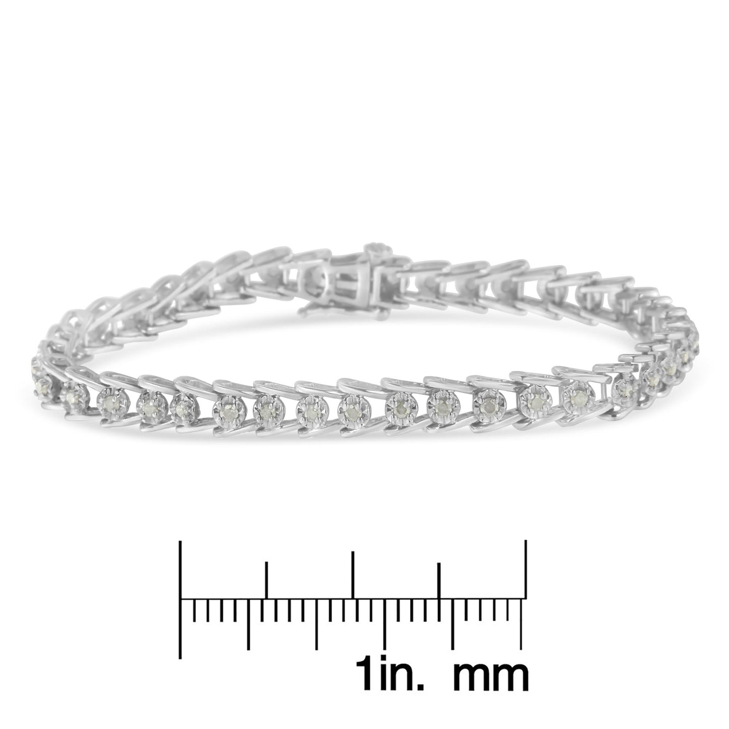 White metal bracelet with round prong-set white gemstones, shown in a front angled view, placed above a ruler for size reference.