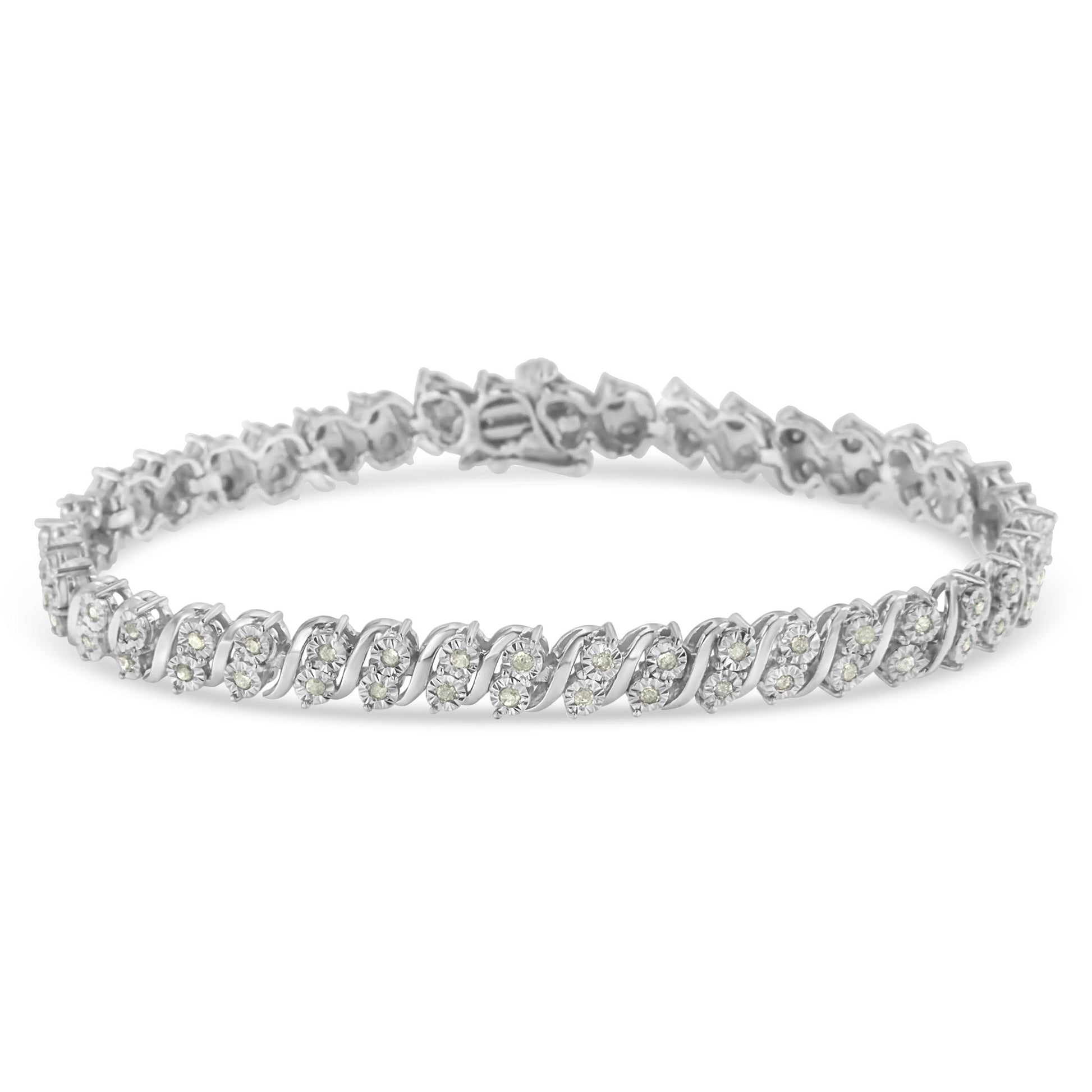 Close-up front angle of a white metal bracelet featuring round white gemstones set in a continuous twisted design.