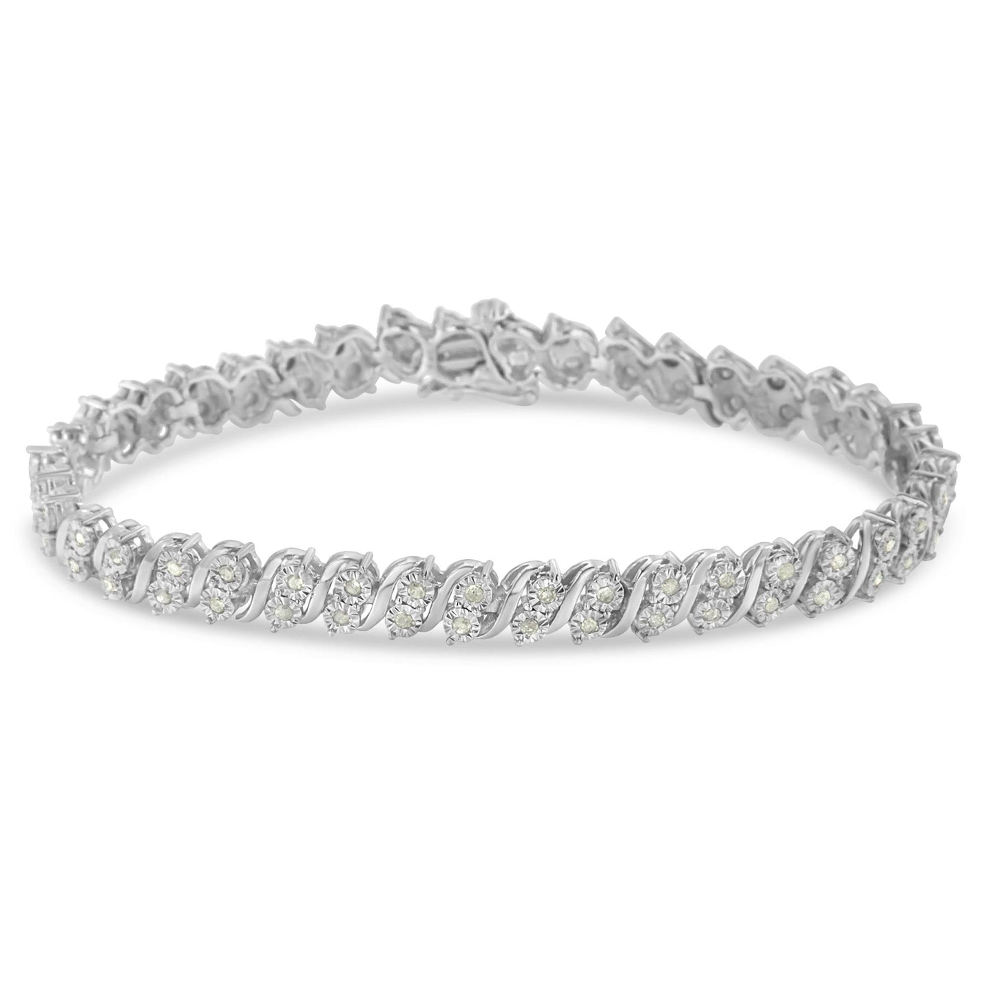 White metal bracelet with round white gemstones in miracle setting, shown in a front angled view.