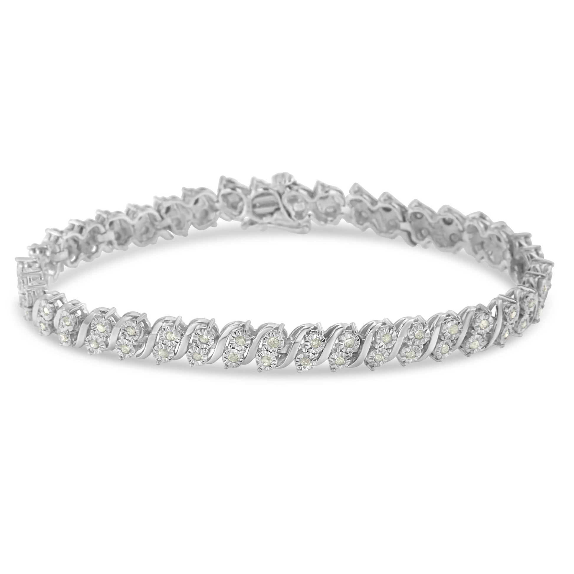 White metal bracelet with round white gemstones in miracle setting, shown in a front angled view.