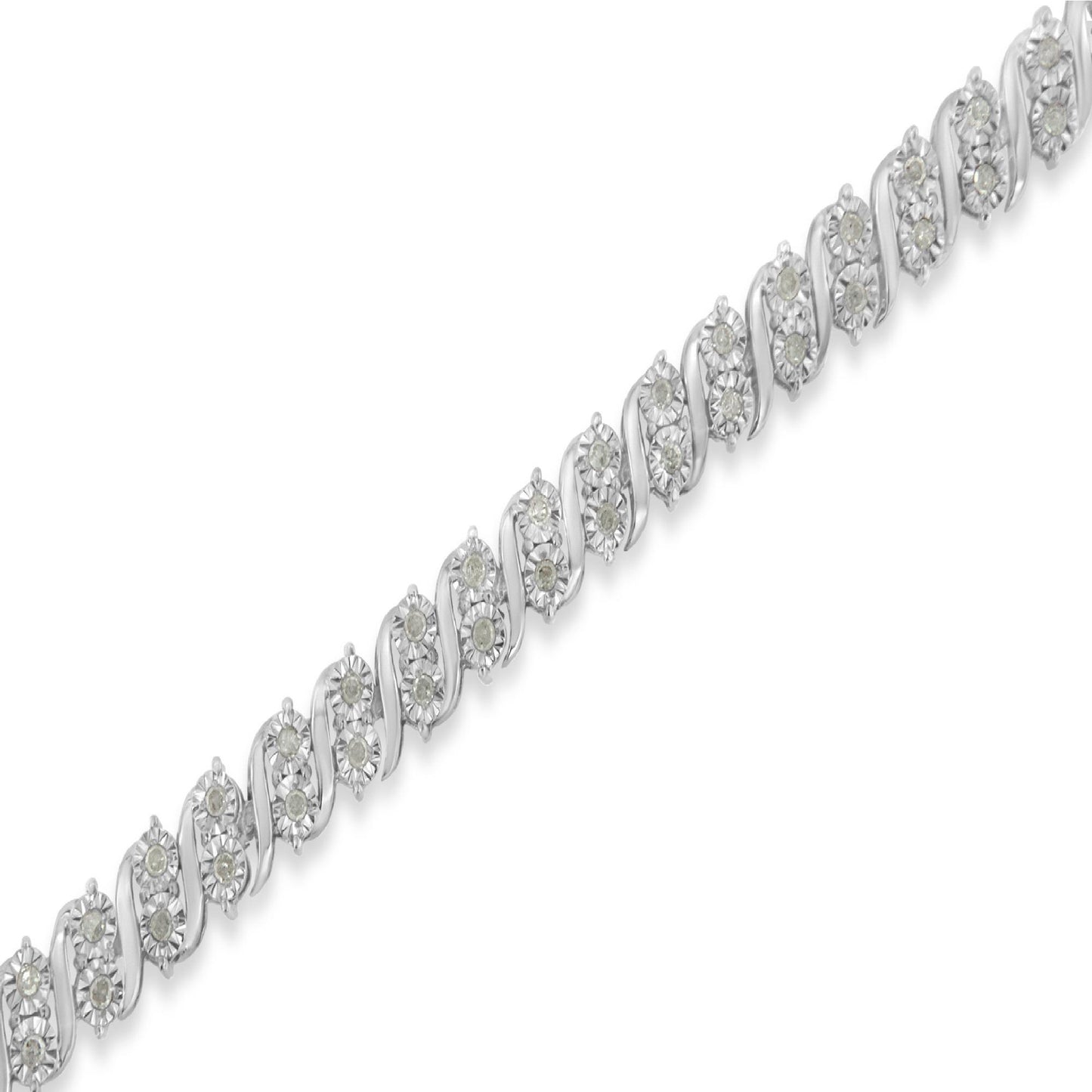 Diagonal close-up of a white metal bracelet featuring round white gemstones in a miracle setting.