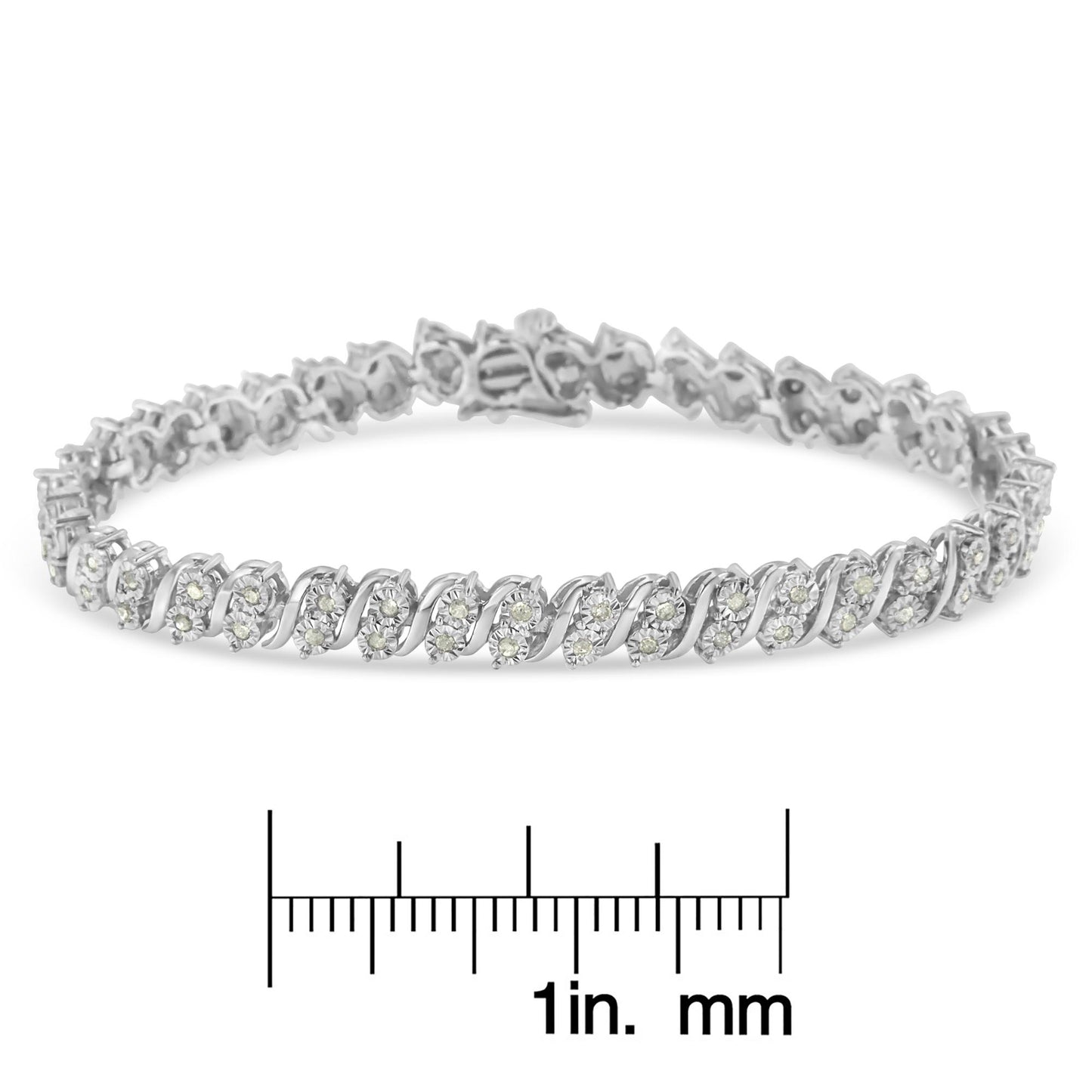 White metal bracelet with round white gemstones in a miracle setting, shown from a side angle on a ruler for size reference.