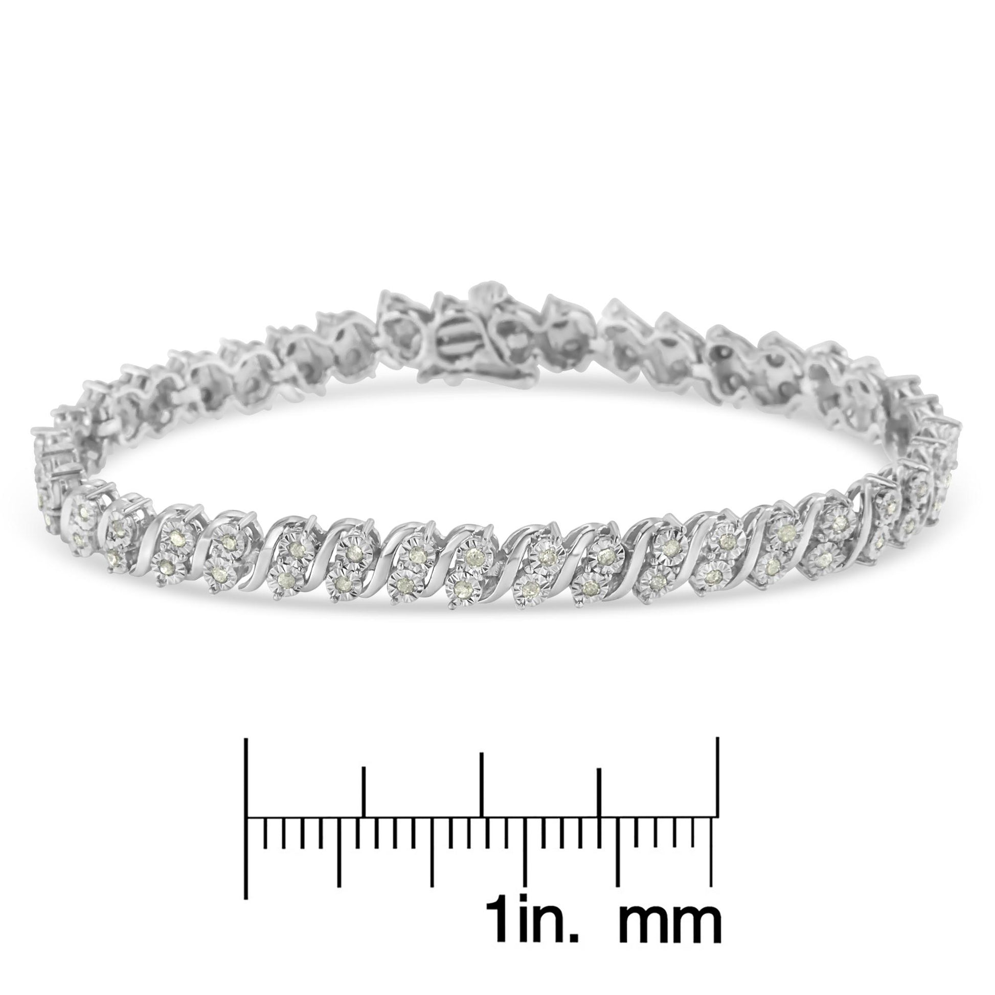 White metal bracelet with round white gemstones in a miracle setting, shown from a side angle on a ruler for size reference.