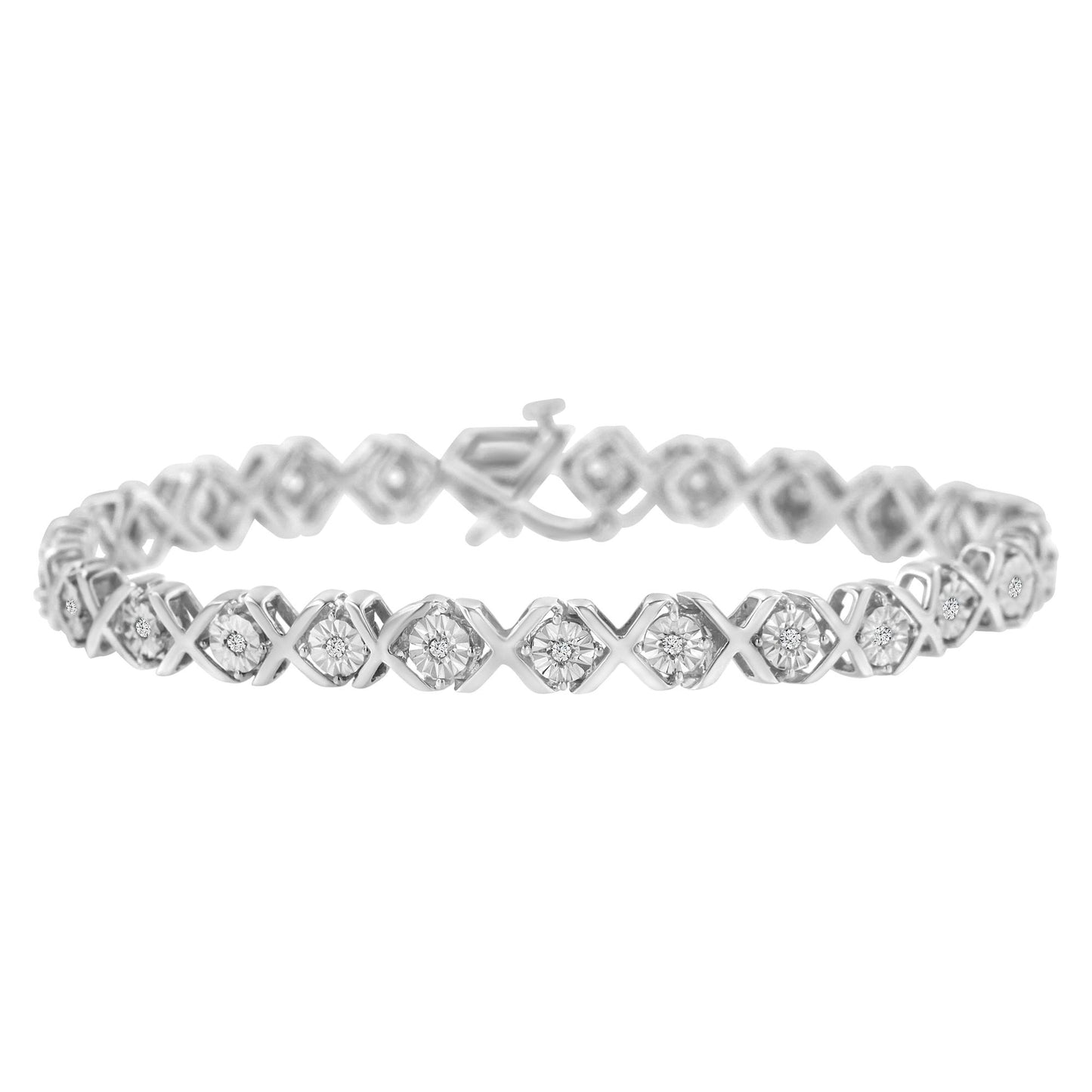 White metal bracelet with alternating X and square links, each square containing a round white gemstone in miracle setting, shown from a front angle.
