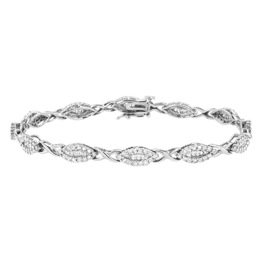 White metal bracelet with alternating marquise-shaped clusters of round and baguette white gemstones, shown from a front-facing angle.