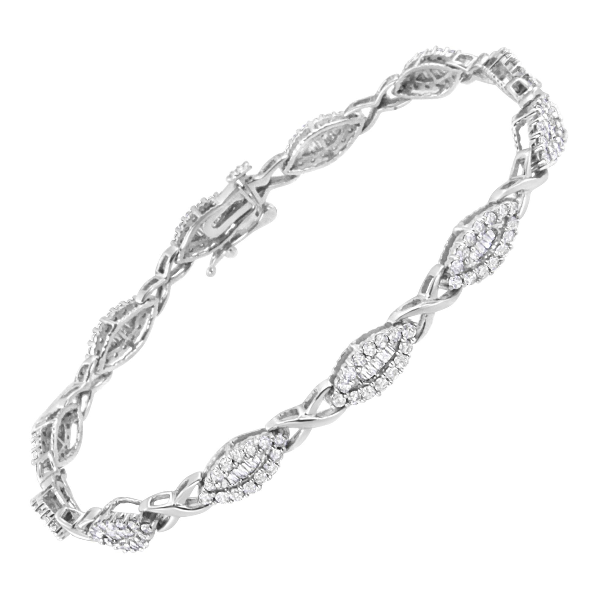 White metal bracelet with alternating oval-shaped sections featuring round white gemstones in pave setting and baguette white gemstones in channel setting, shown from a top angle.