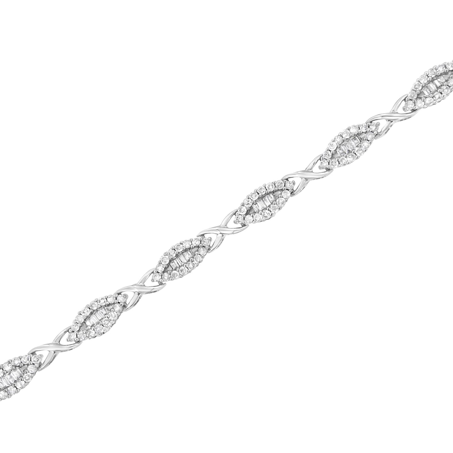 White metal bracelet with alternating marquise-shaped links featuring round gemstone pavé settings surrounding rows of baguette-shaped gemstones in channel settings, shown in a diagonal close-up view.