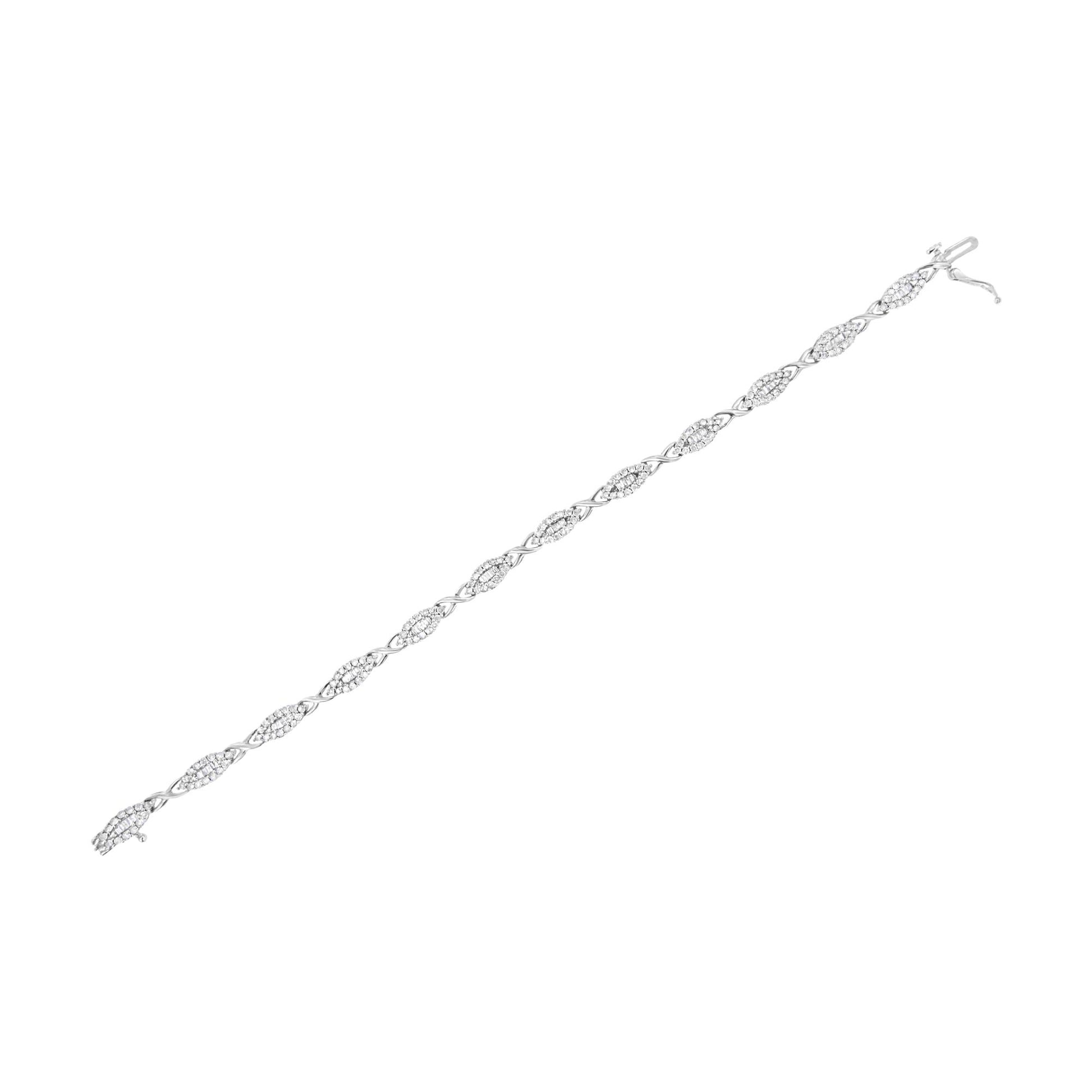 White metal bracelet with alternating oval-shaped sections featuring pave-set round white gemstones and twisted links, accented with channel-set baguette white gemstones, shown at a slight diagonal angle on a white background.