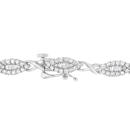 Close-up side angle of a white metal bracelet featuring oval links with round white gemstones in pave setting surrounding baguette white gemstones in channel setting, shown against a white background.