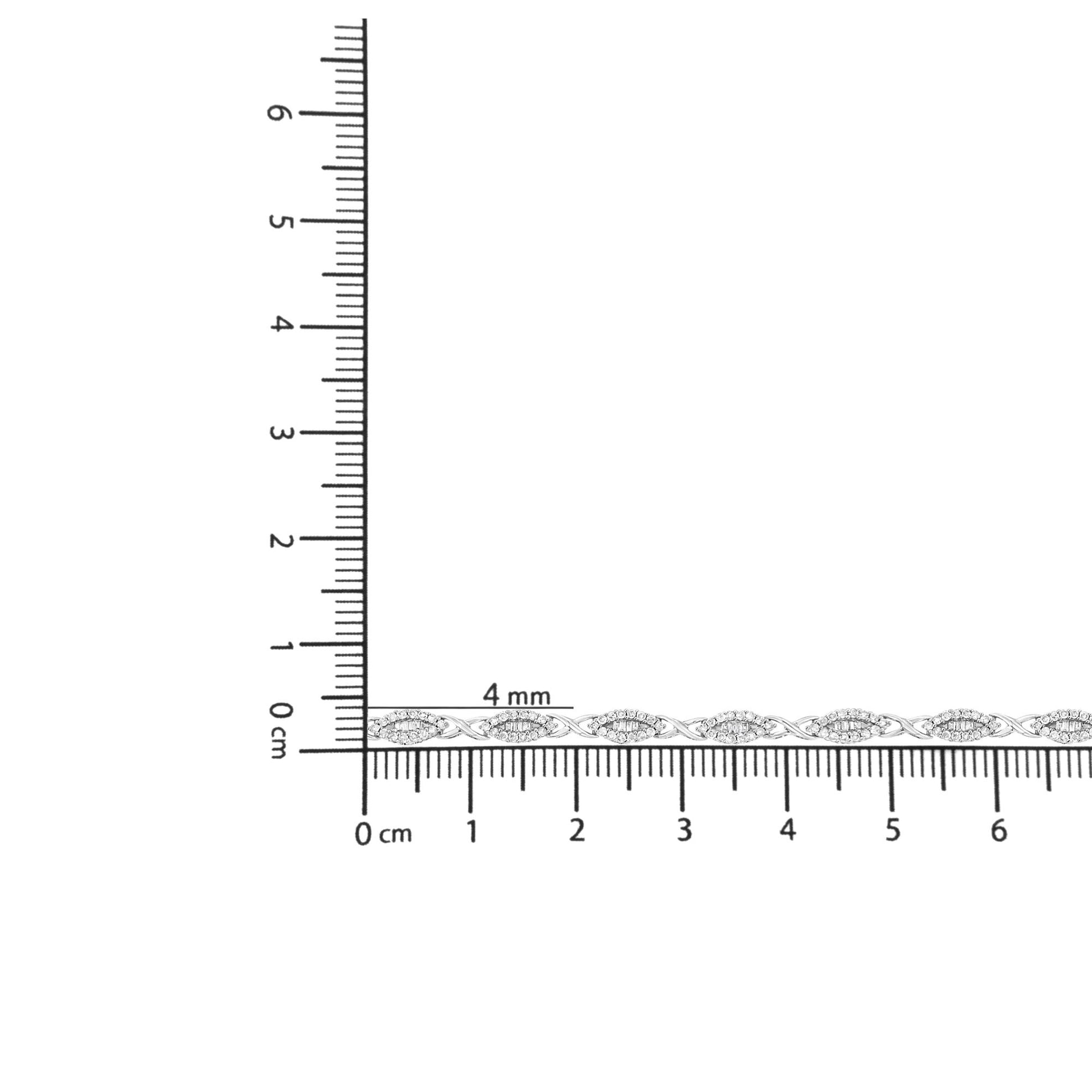 Bracelet with white metal and alternating oval shapes set with round pave and baguette channel white gemstones, shown on a ruler for size reference, viewed from above.