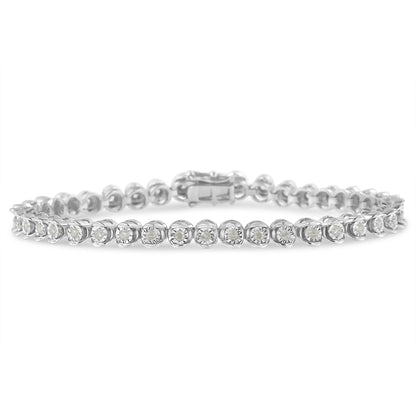 White metal bracelet with round white gemstones in miracle settings, displayed flat from the front angle.