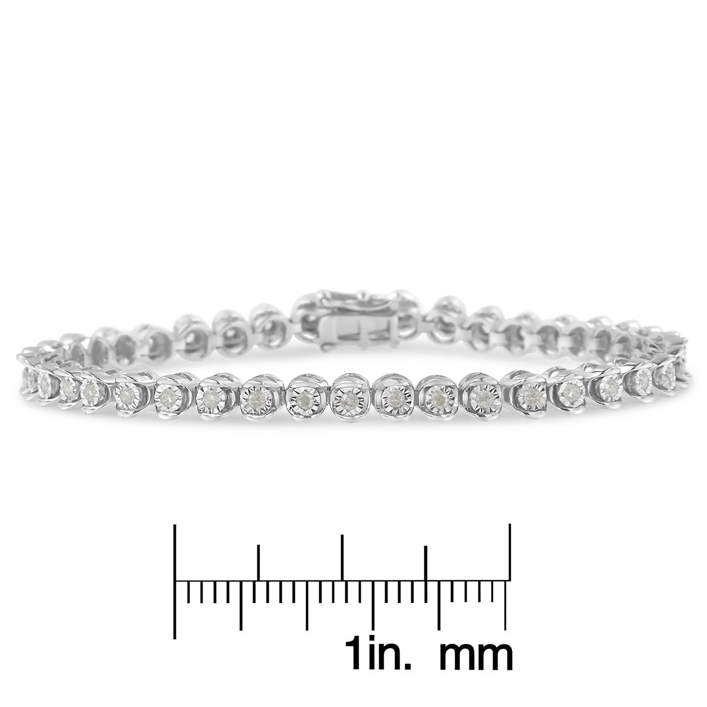 White metal bracelet with round white gemstones in a miracle setting, shown from a front angle on a ruler for size reference.