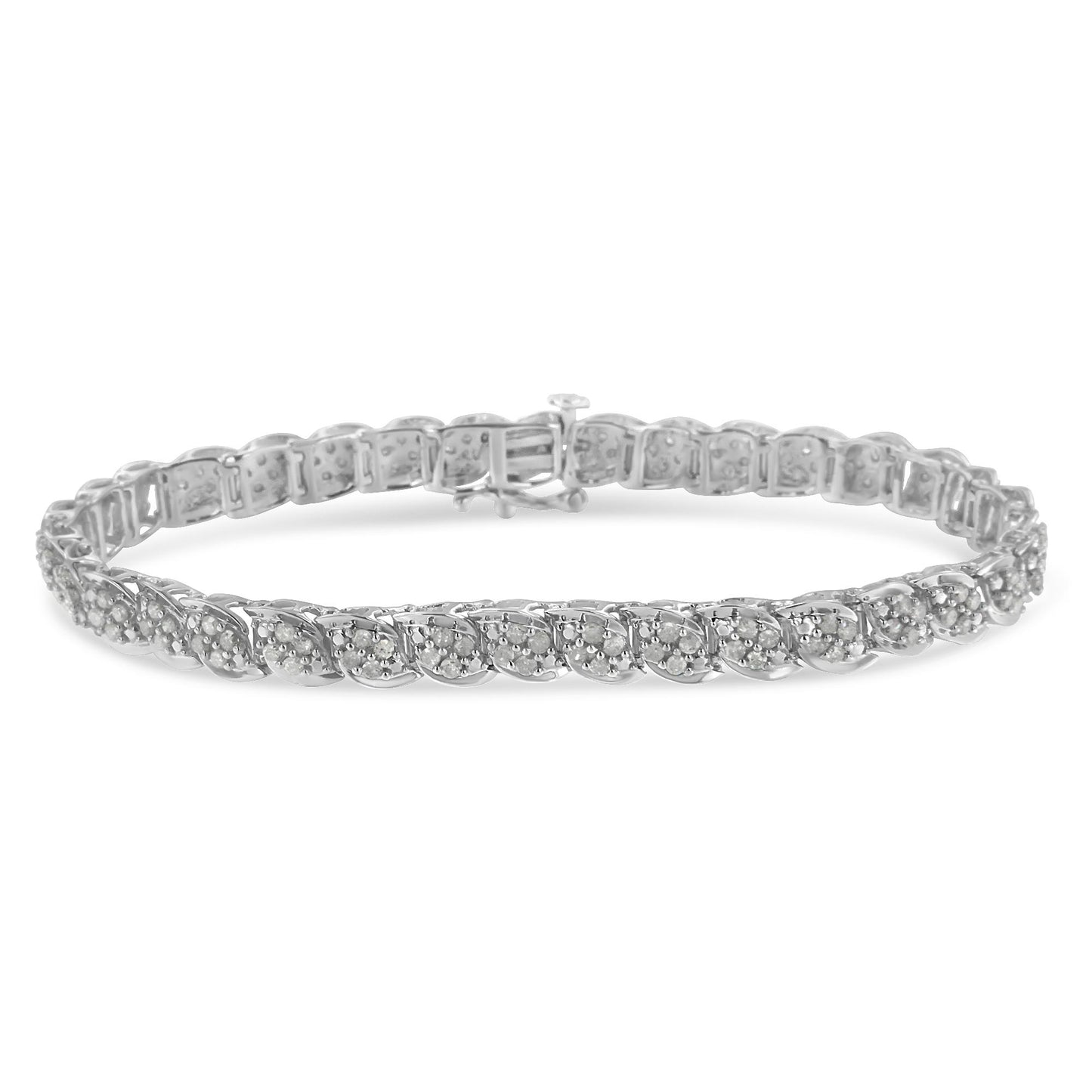White metal bracelet with a twisted design featuring round white gemstones in prong settings, shown in a close-up front angle.