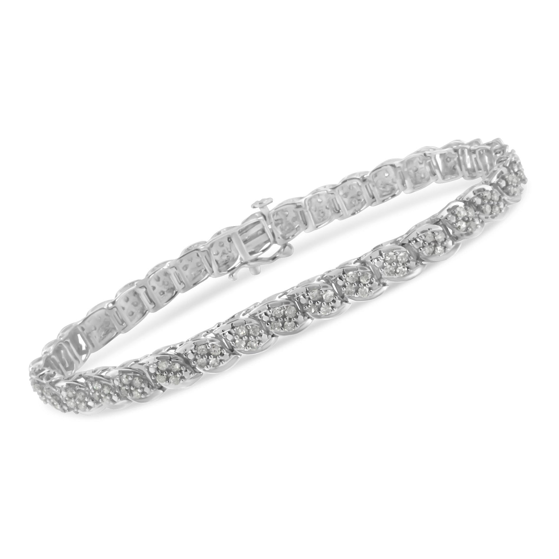 White metal bracelet with alternating linked sections, each set with round white gemstones in prong settings, shown at an angled close-up view.