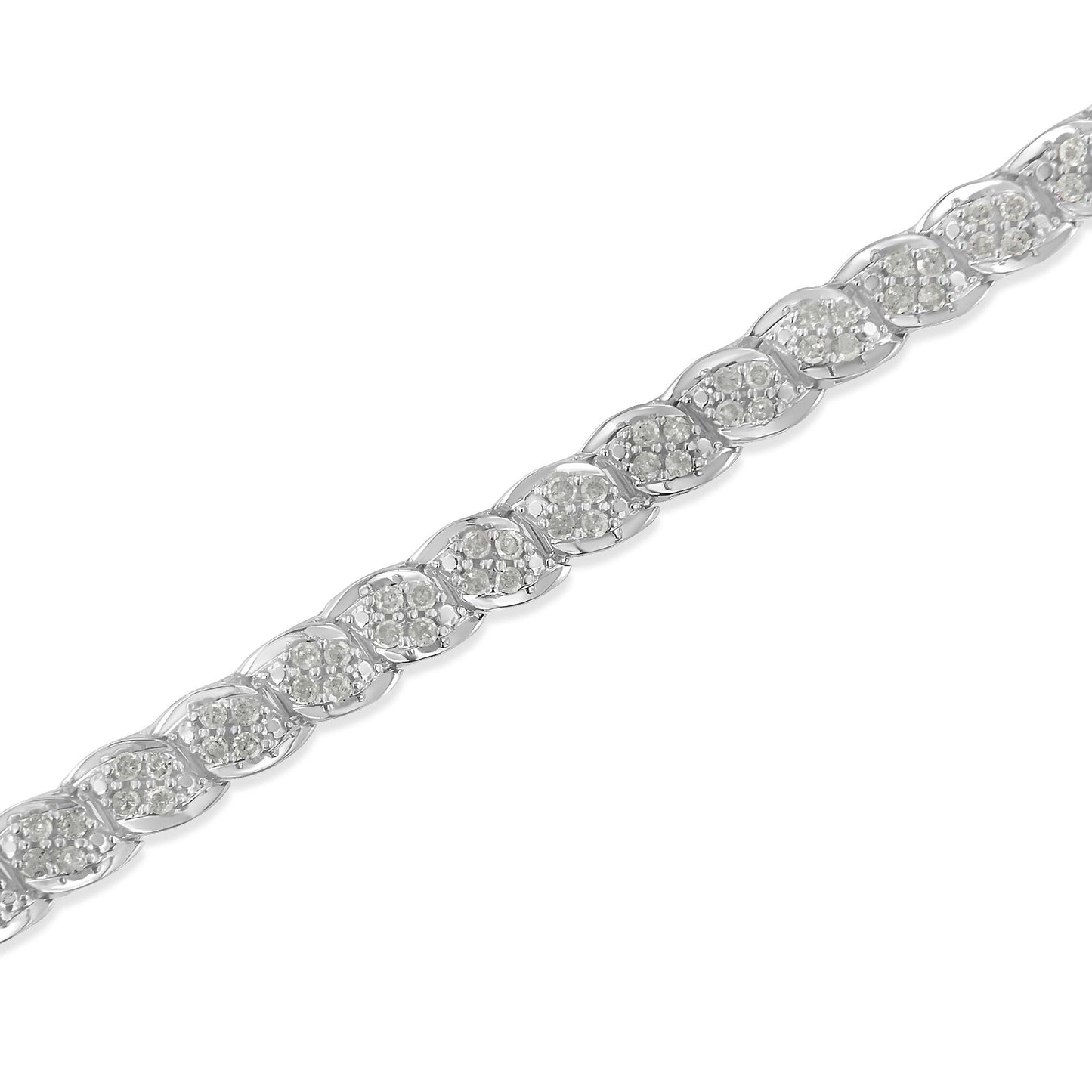 Close-up, angled top view of a white metal bracelet featuring multiple sections each set with clusters of round white gemstones in prong settings.