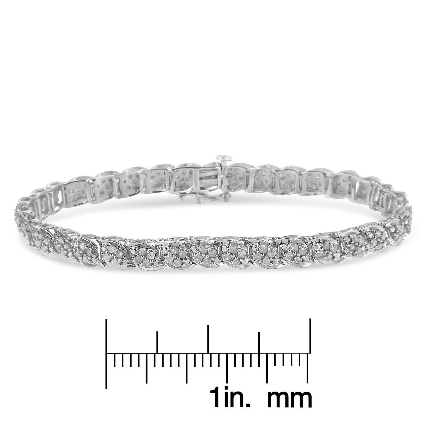 White metal bracelet with round white gemstones in prong settings, shown from a front angle above a ruler for size reference.