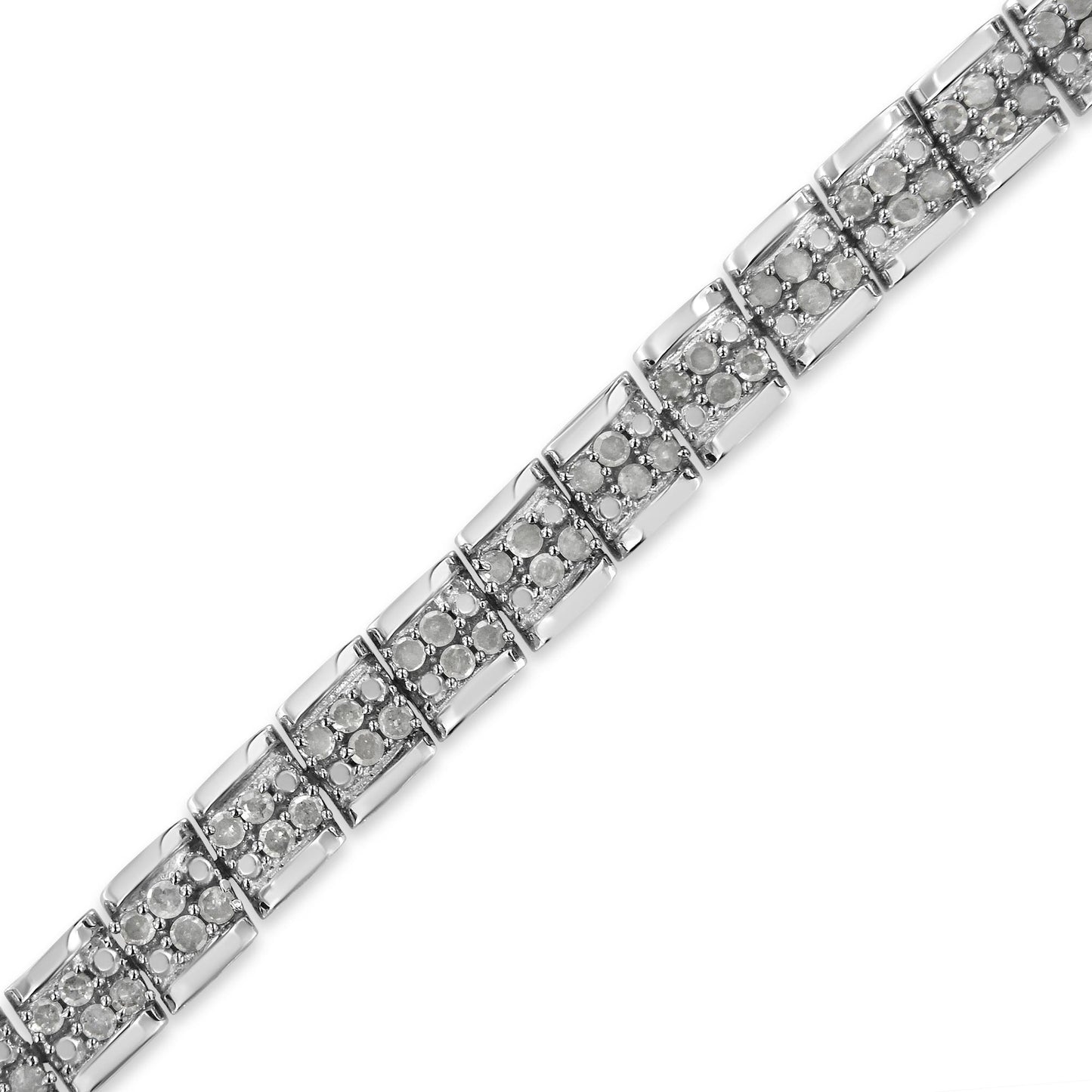 Close-up, angled view of a white metal bracelet with multiple linked sections, each featuring round white gemstones in a pave setting.