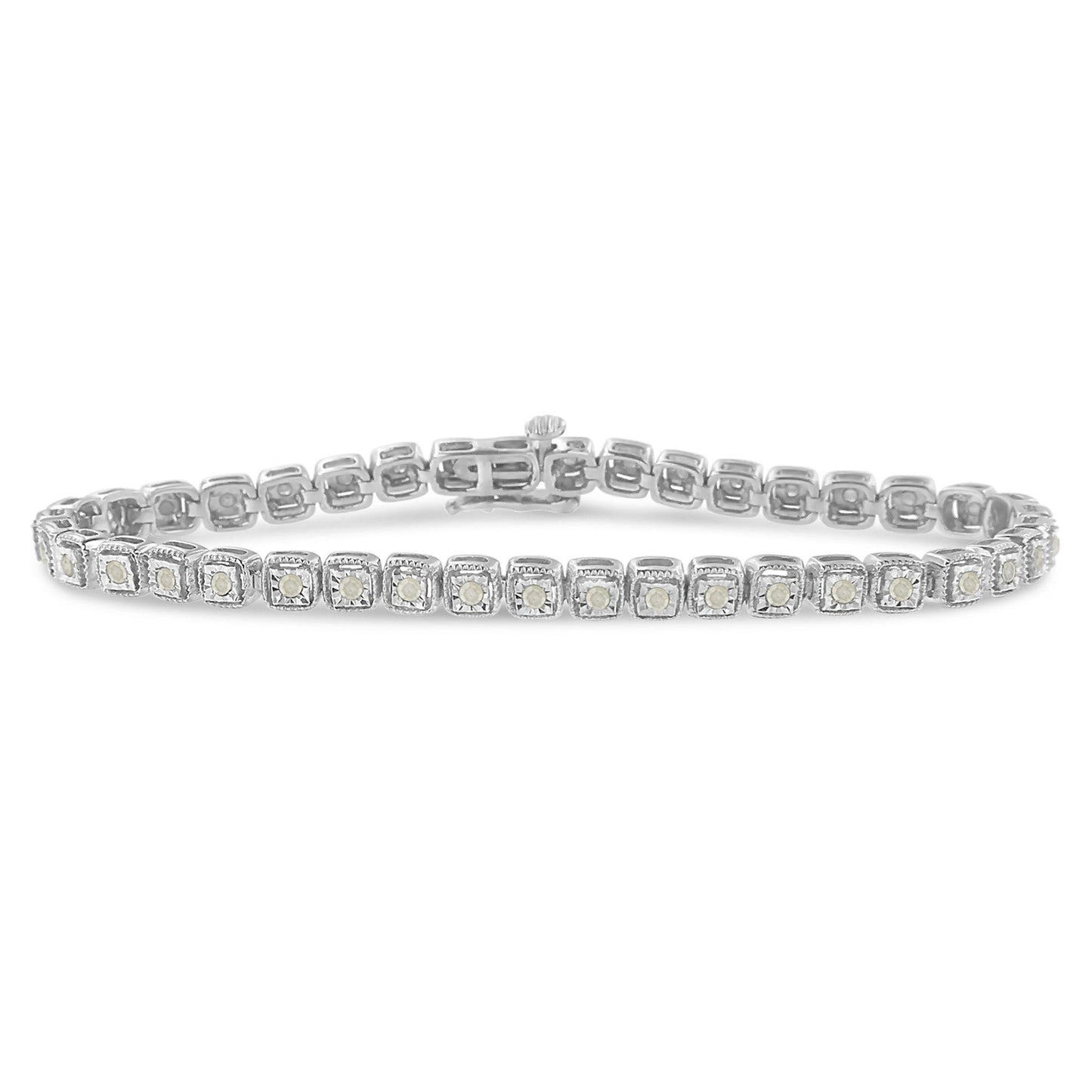 White metal bracelet with round white gemstones set in square settings, shown from a front angle.