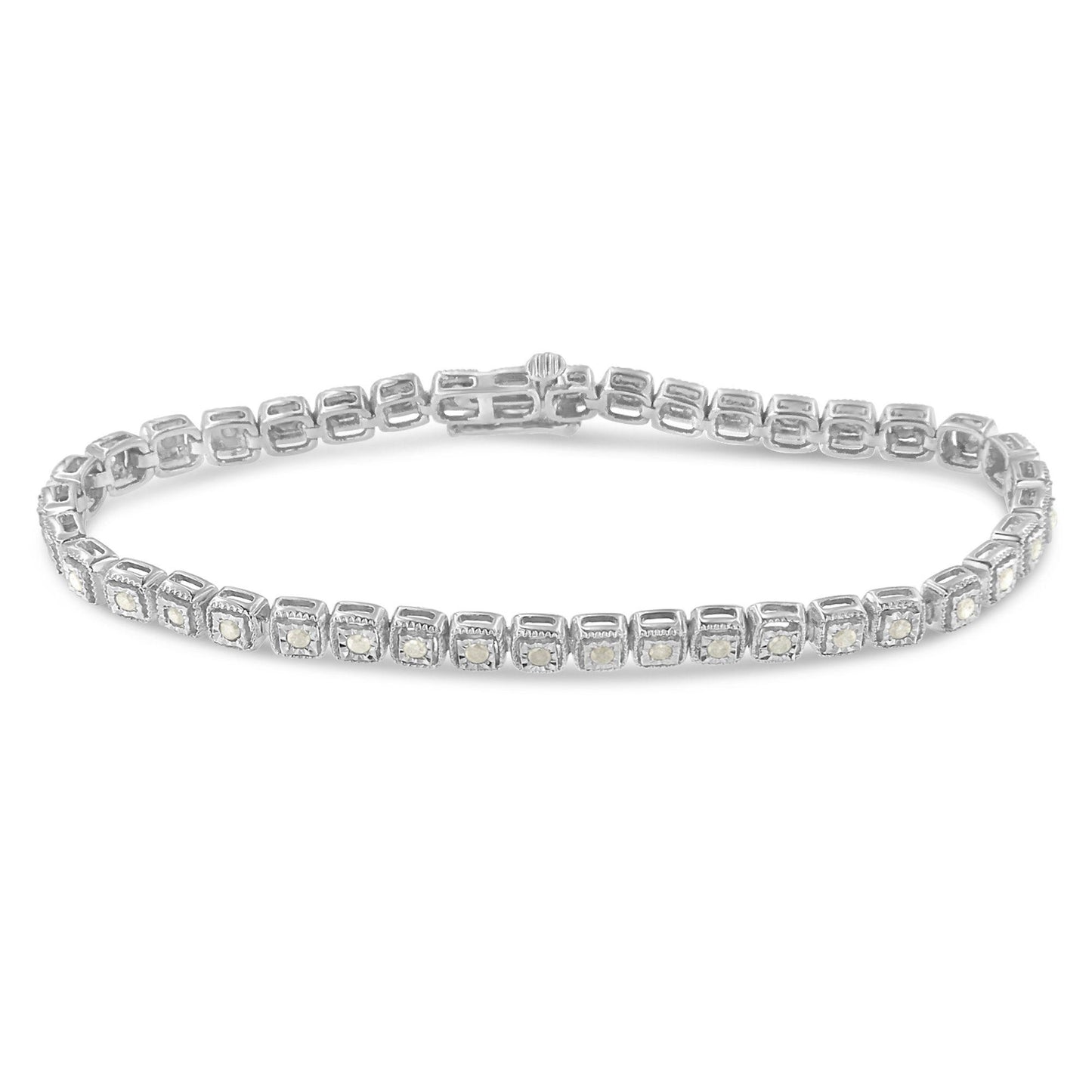 White metal bracelet with round white gemstones in a miracle setting, shown at a slight angle on a white background.