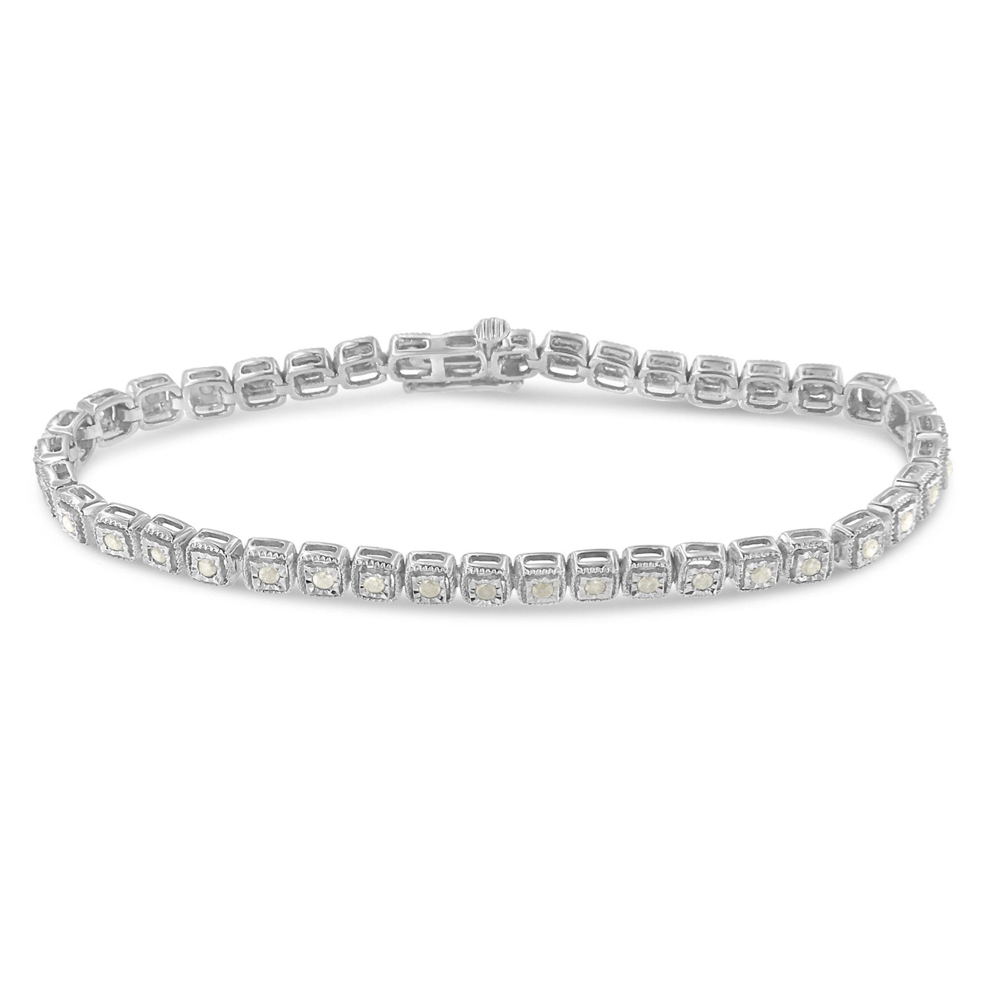 White metal bracelet with round white gemstones in a miracle setting, shown at a slight angle on a white background.