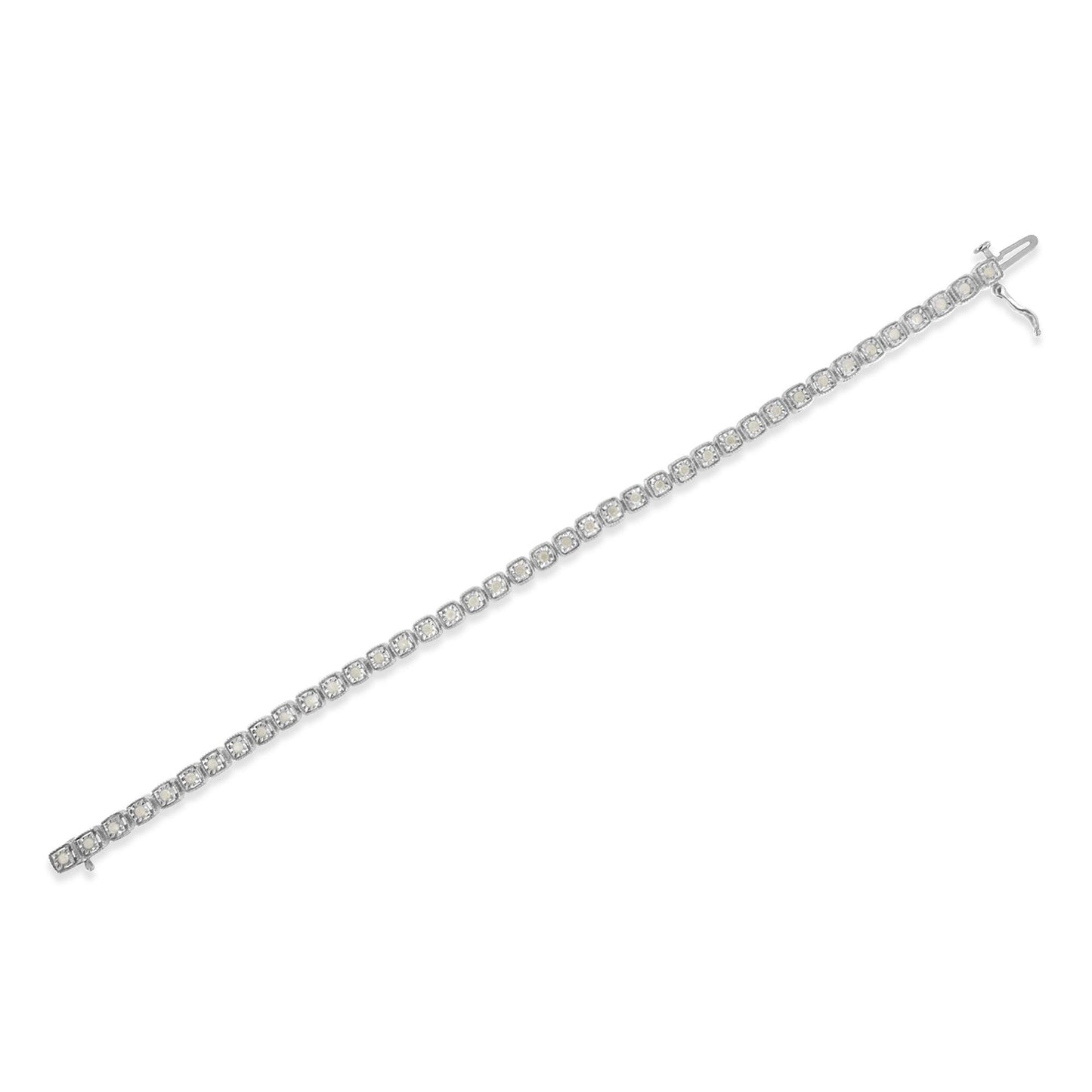 White metal bracelet with round white gemstones in miracle settings, shown laying flat in a diagonal top-down view.