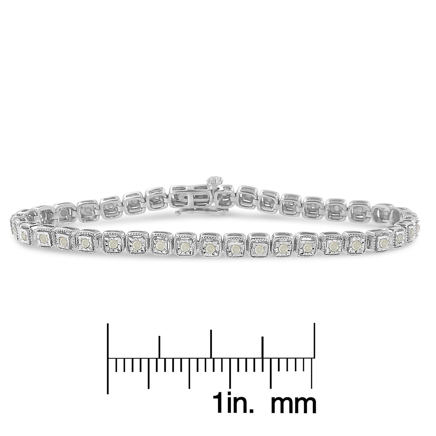 White metal bracelet with round white gemstones in square settings, shown from a front angle, placed above a ruler for size reference.