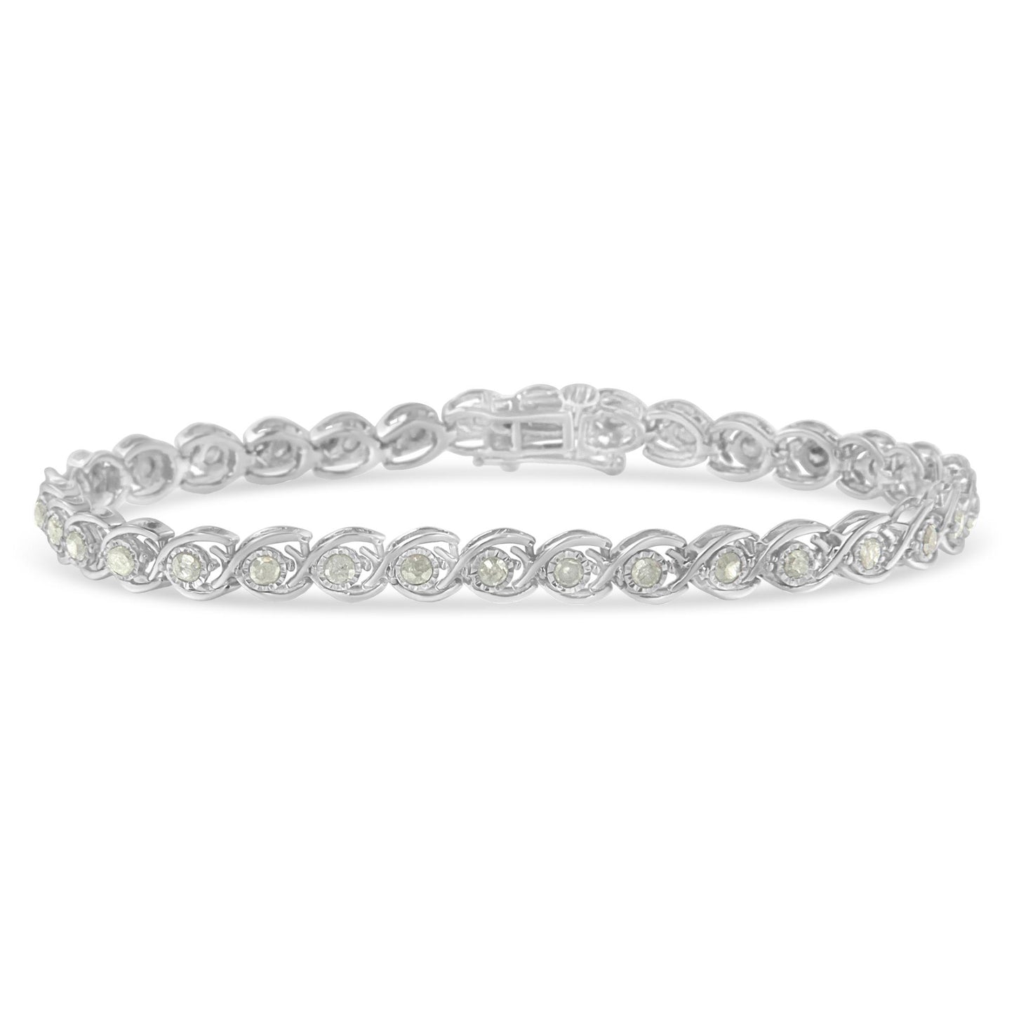White metal bracelet with round white gemstones in a twisted pattern, shown from a side angle.