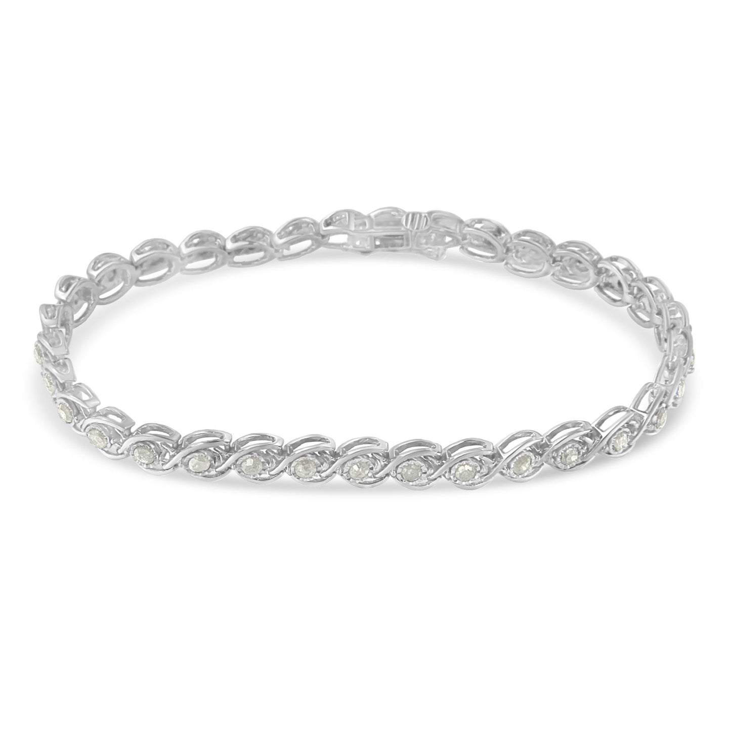 Bracelet with white metal chain and round white gemstones in a miracle setting, shown from a top angle.