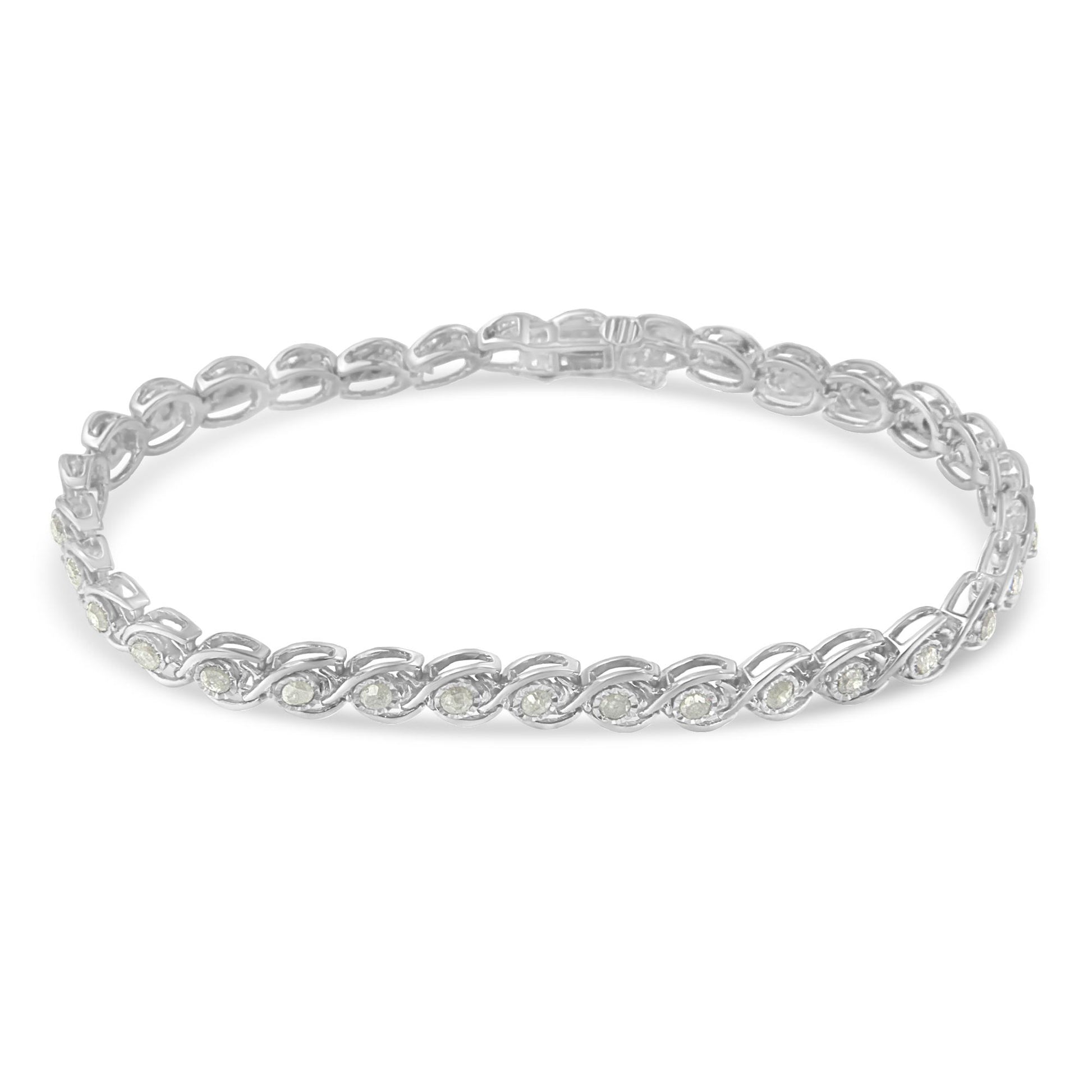 Bracelet with white metal chain and round white gemstones in a miracle setting, shown from a top angle.