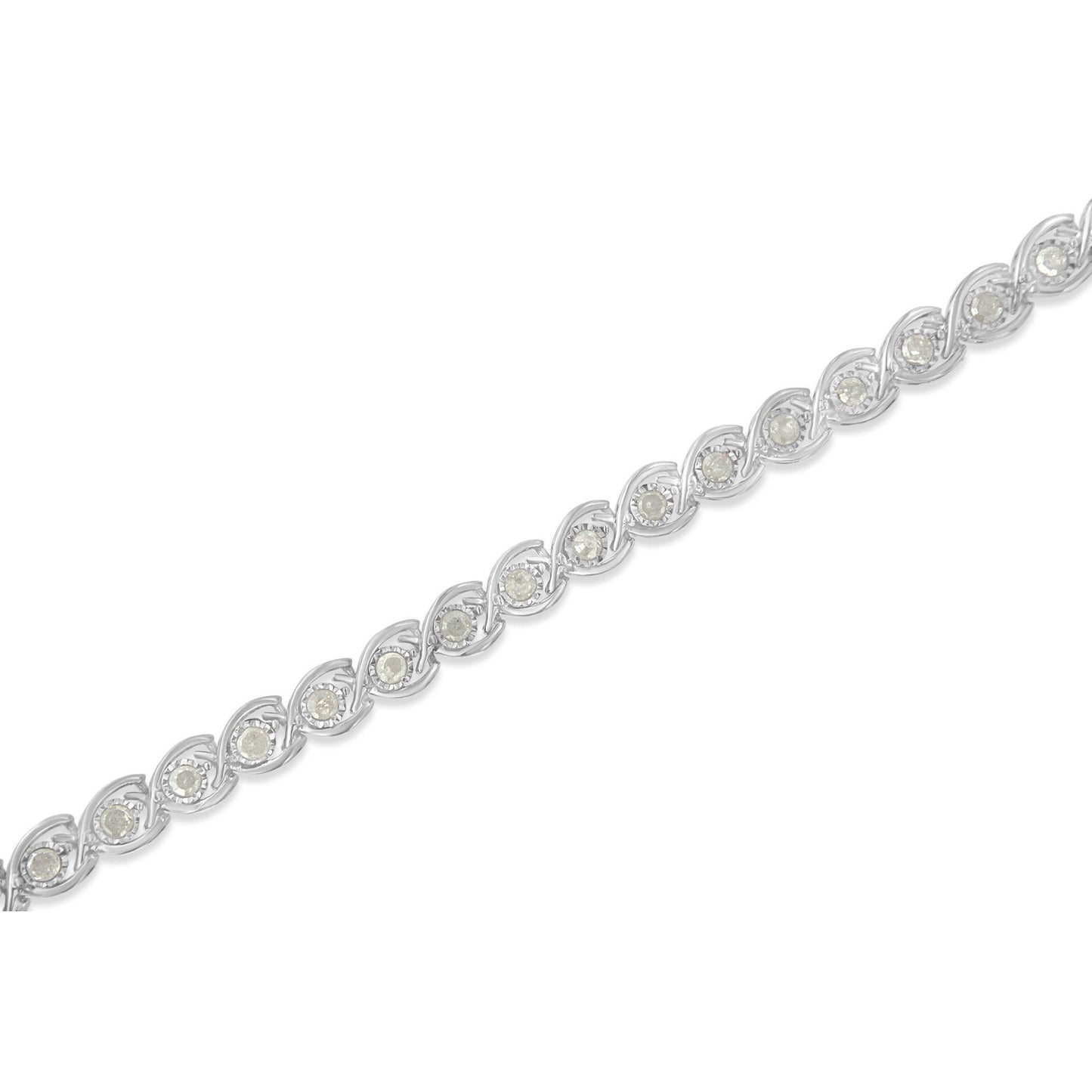 White metal bracelet with round white gemstones in miracle settings, shown in a diagonal close-up view.