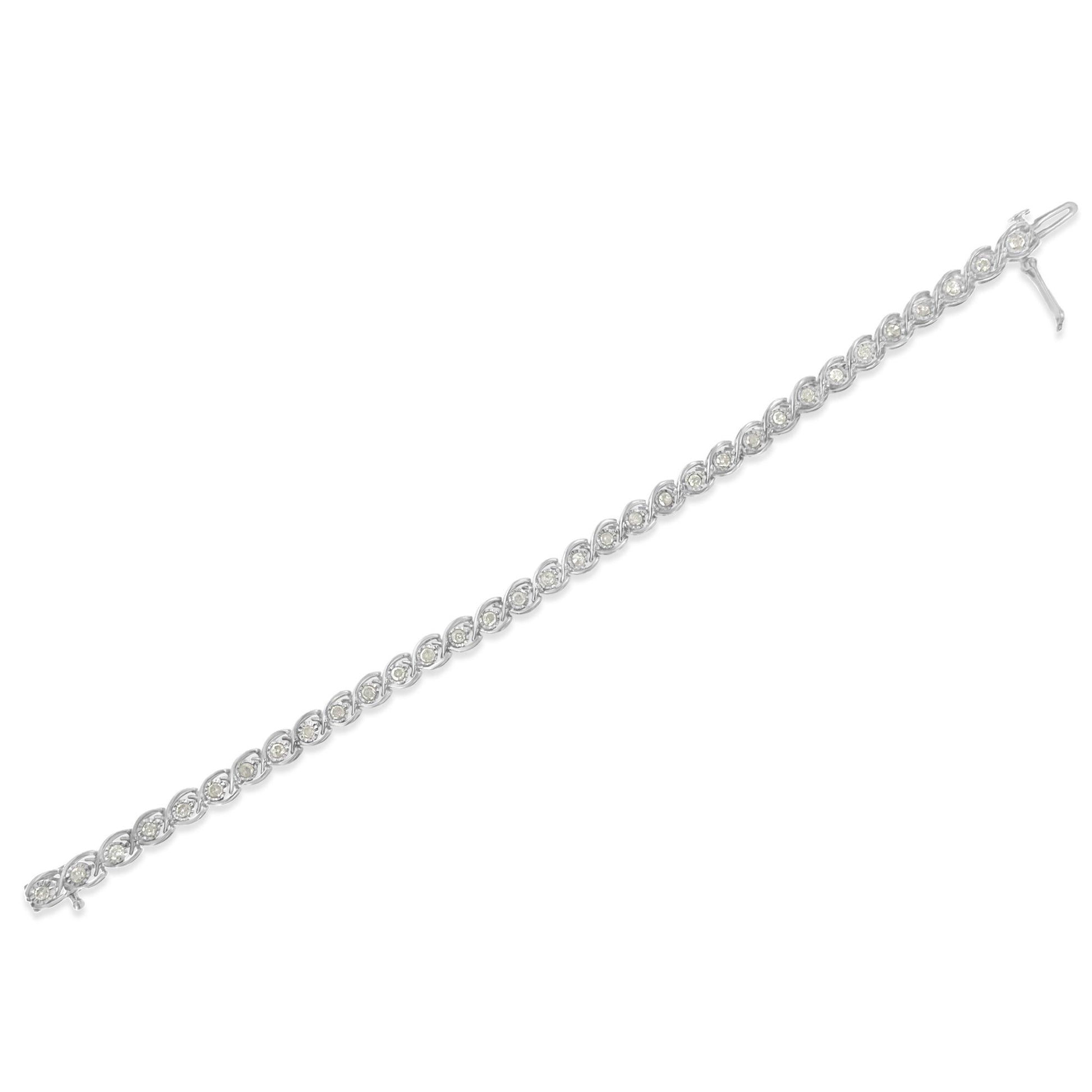 White metal bracelet with round white gemstones in a miracle setting, shown at an angle.