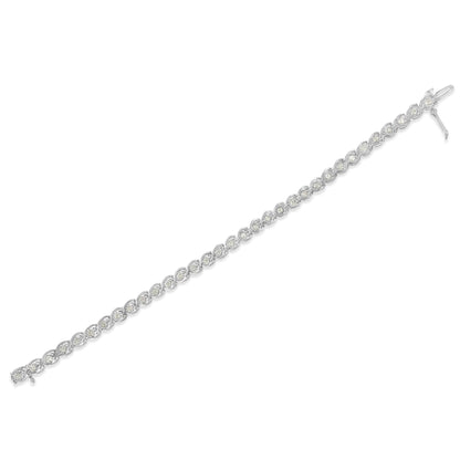 White metal bracelet with round white gemstones in a miracle setting, shown at an angle.