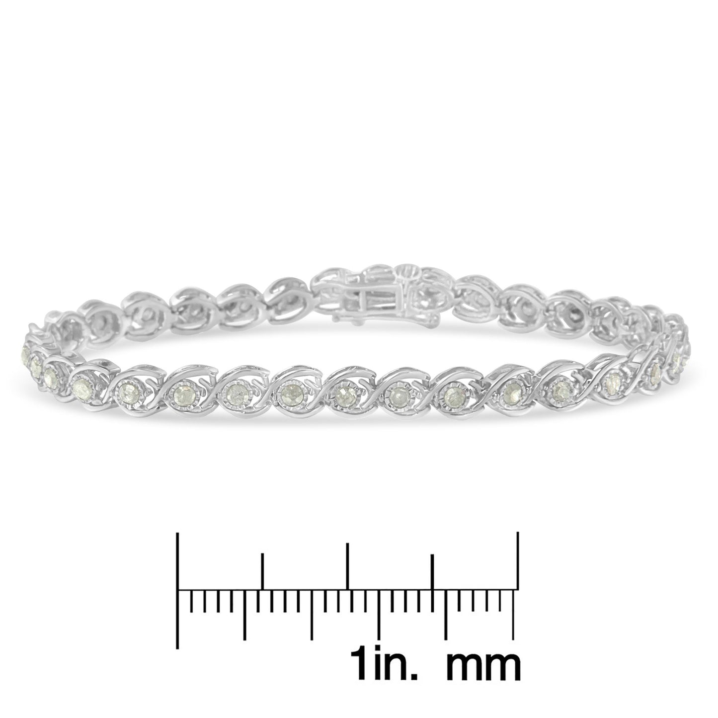 White metal bracelet with round white gemstones in a twisted design, shown in a front angle view, placed above a ruler for size reference.