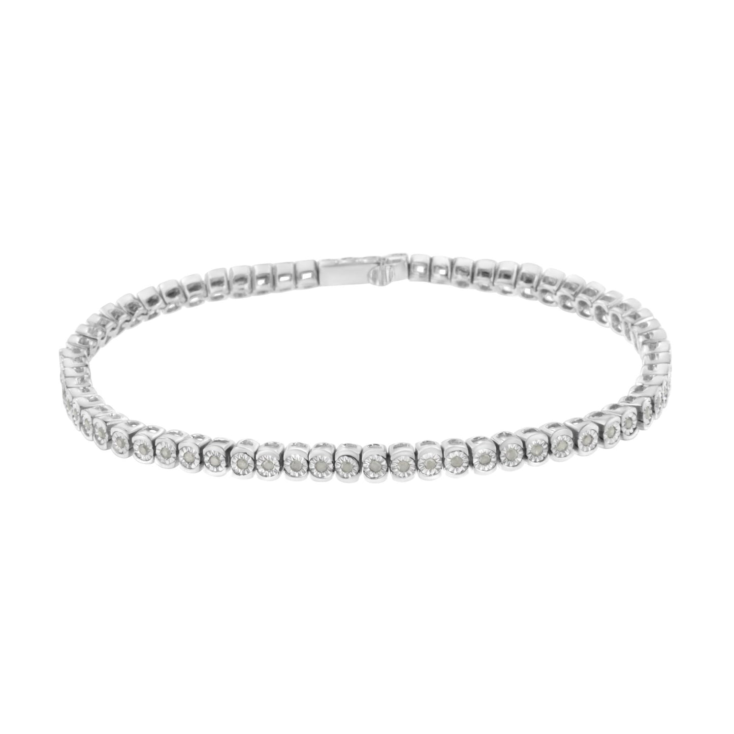 White metal bracelet with round white gemstones in miracle setting, shown from a front angle.