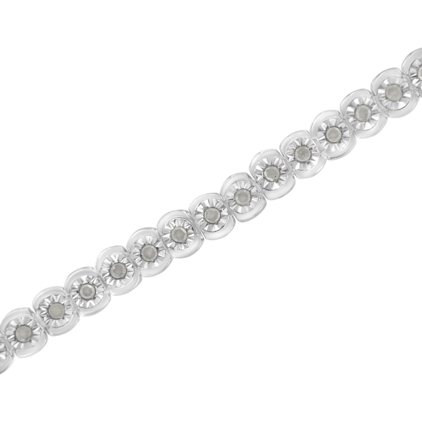 White metal bracelet with round white gemstones in miracle settings, shown diagonally from a close-up top angle.