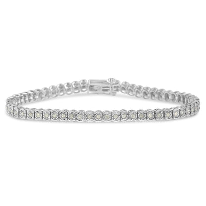 White metal bracelet with round white gemstones in a miracle setting, shown from a front angle on a white background.