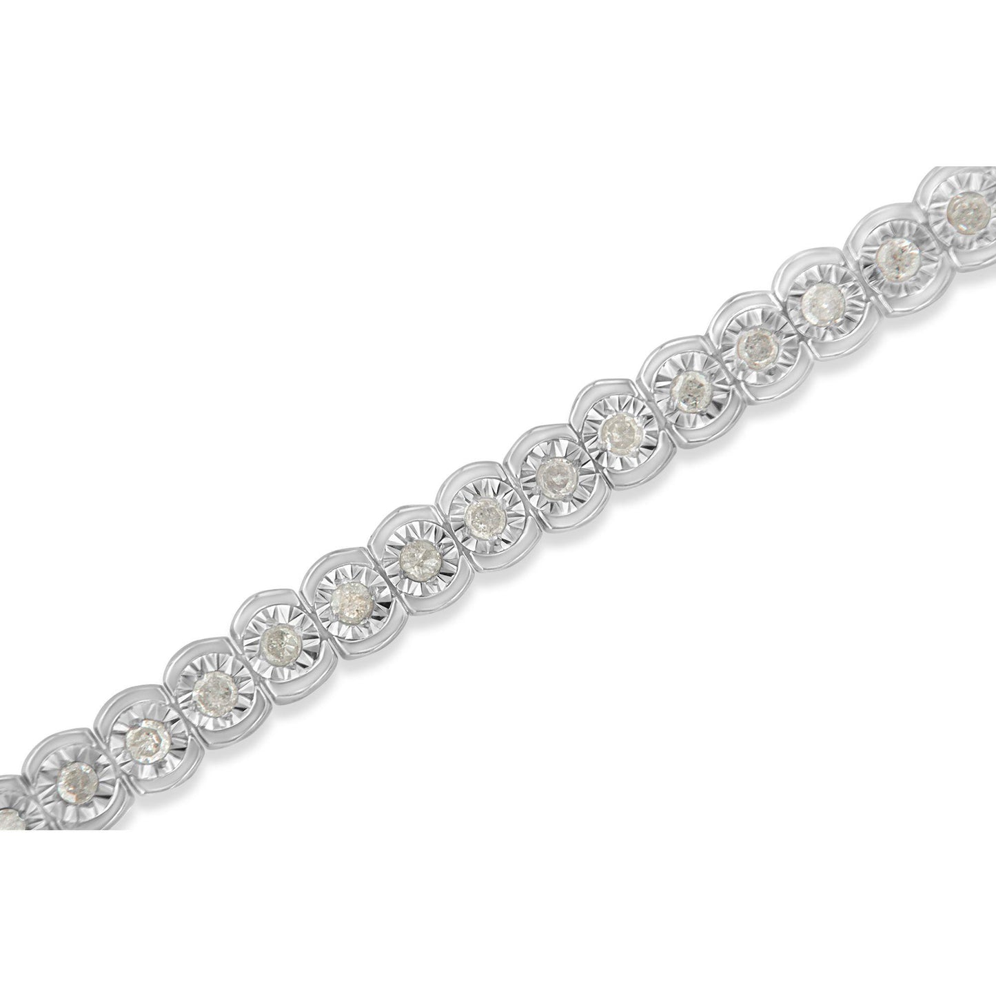 Close-up diagonal view of a white metal bracelet featuring round white gemstones in a miracle setting.
