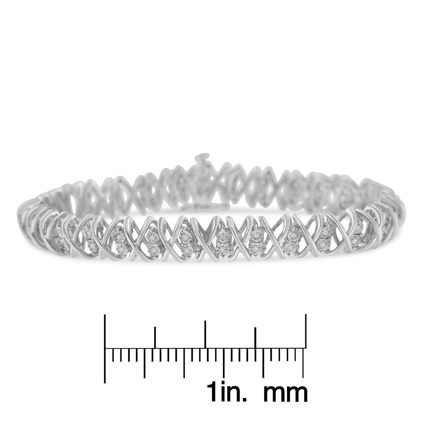 White metal bracelet with crisscross design and round white gemstones, shown from front angle, placed above a ruler for size reference.