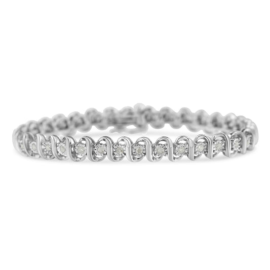 White metal bracelet with round white gemstones set in a spiral pattern, shown in a front-facing angle.