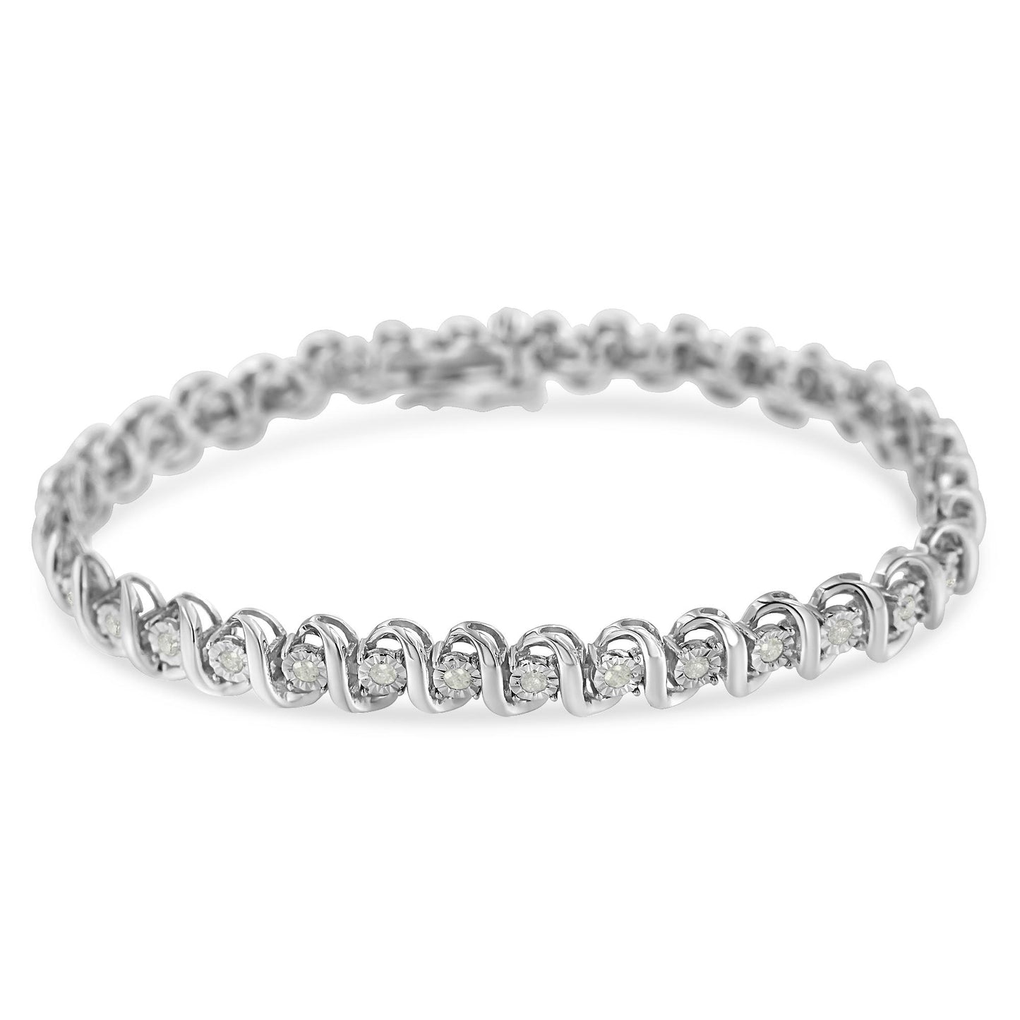 White metal bracelet with round white gemstones in a spiral setting, shown from a front angle.