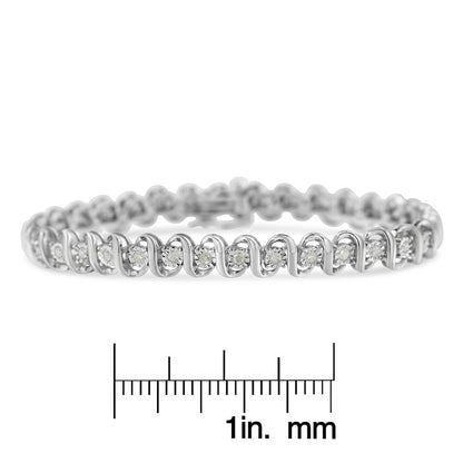 White metal bracelet with round white gemstones in a spiral pattern, shown front-facing on a ruler for size reference.
