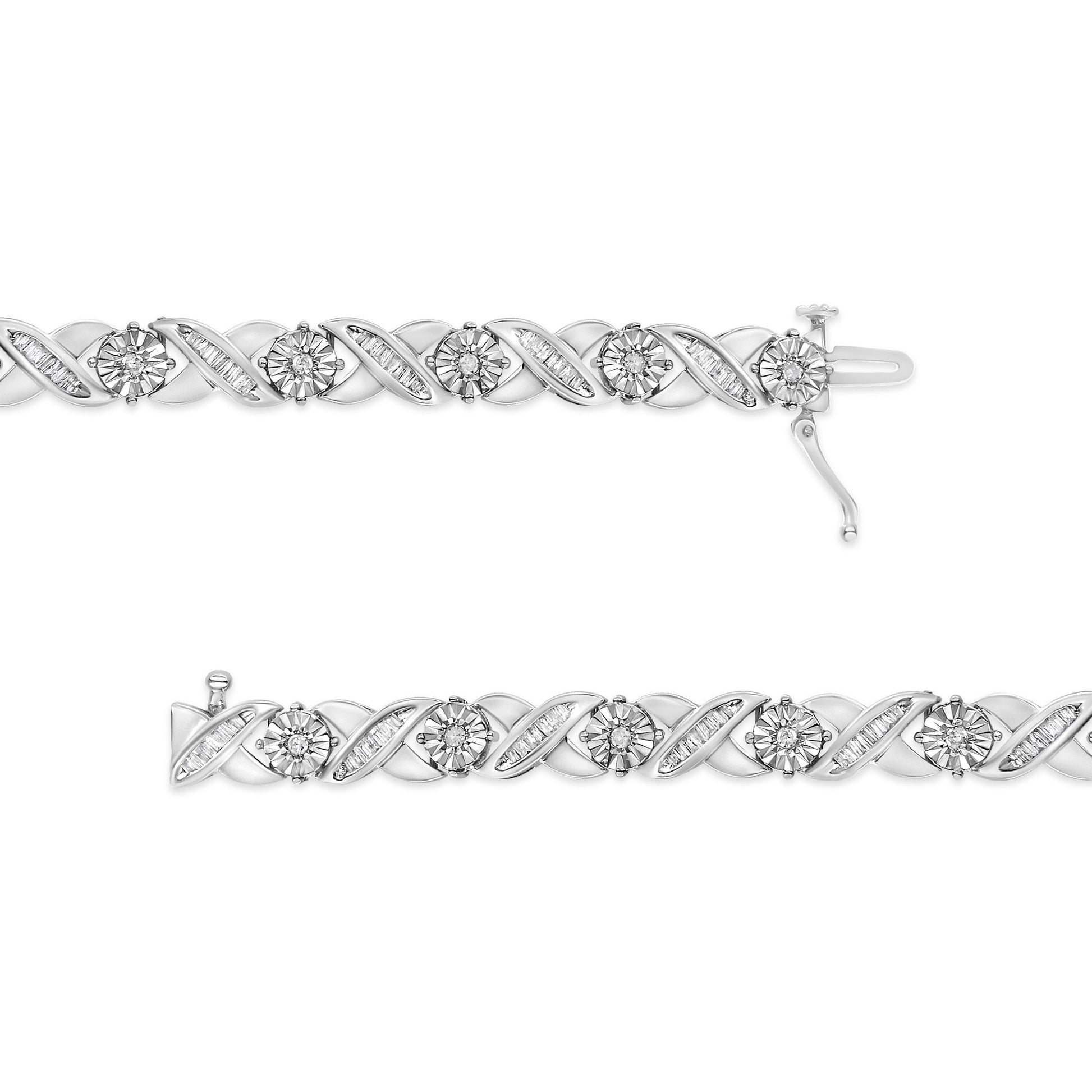 Close-up front angle of a white metal bracelet featuring alternating round white gemstones in miracle settings and baguette white gemstones in channel settings.