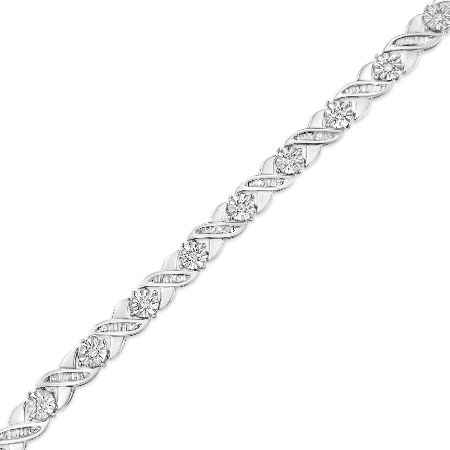 White metal bracelet with alternating round white gemstones in miracle settings and rows of baguette white gemstones in channel settings, shown in a diagonal top-down view.