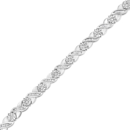 White metal bracelet with alternating round white gemstones in miracle settings and rows of baguette white gemstones in channel settings, shown in a diagonal top-down view.
