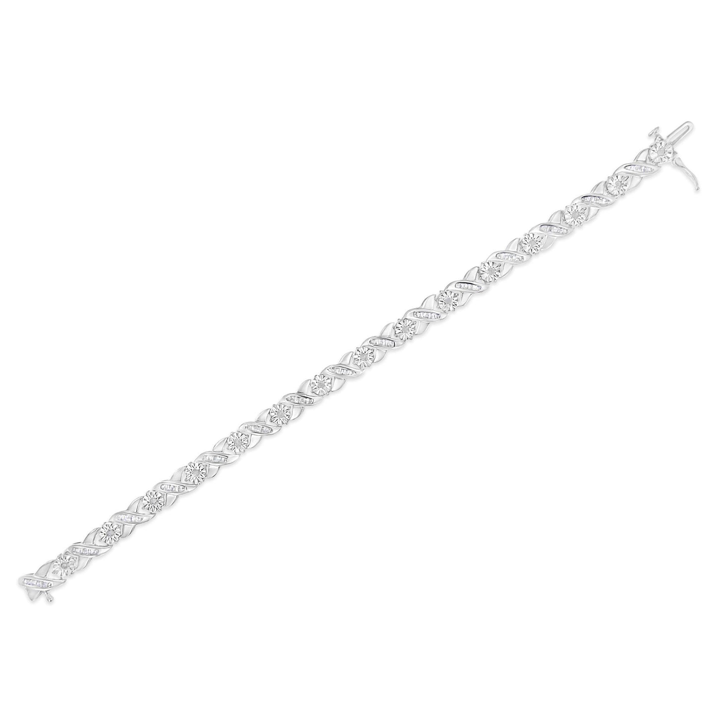 White metal bracelet with alternating round and baguette-shaped white gemstones, shown in a diagonal flat lay angle.
