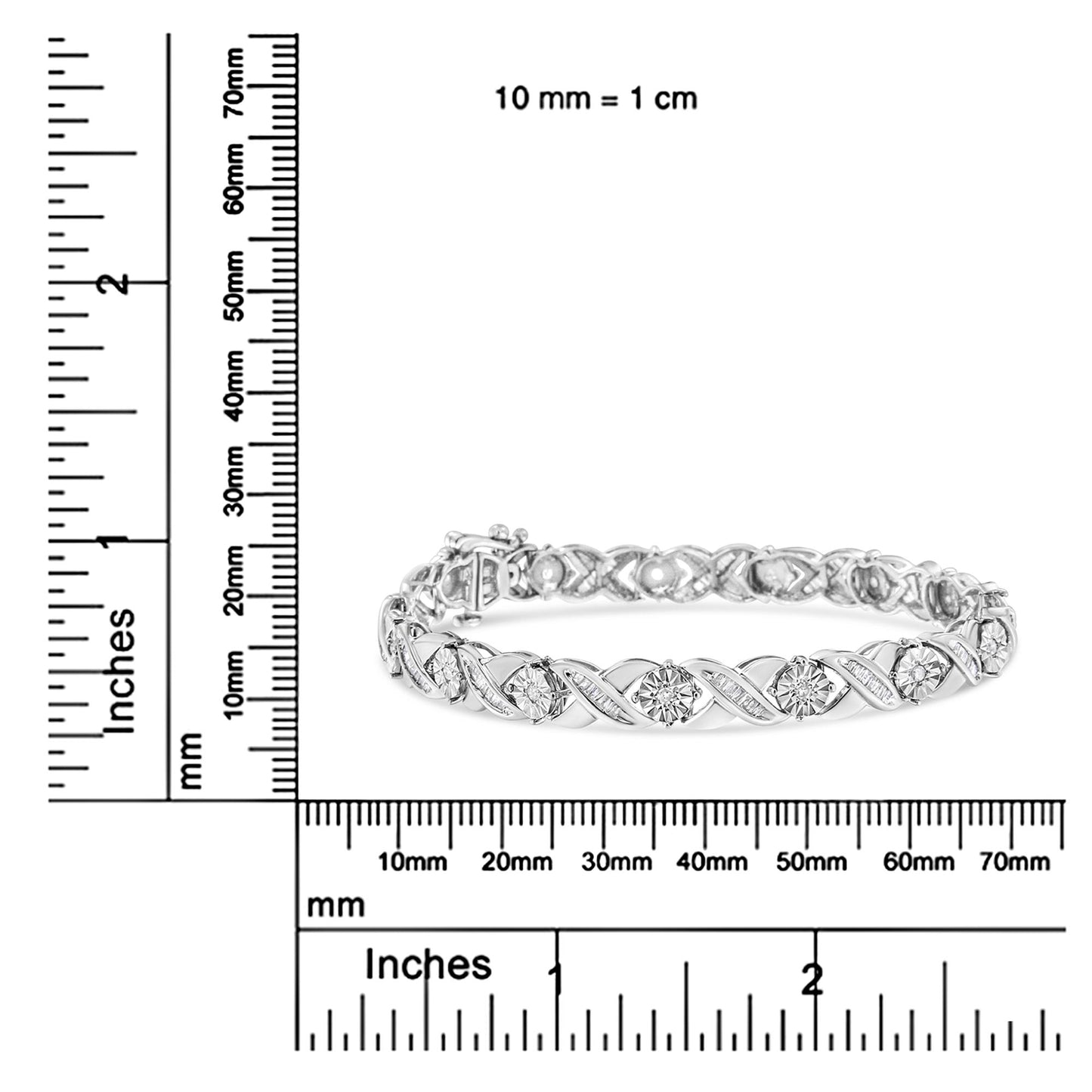 White metal bracelet with alternating round and baguette-shaped white gemstones in Miracle and channel settings, pictured on a corner ruler for size reference, shown from a front angle.