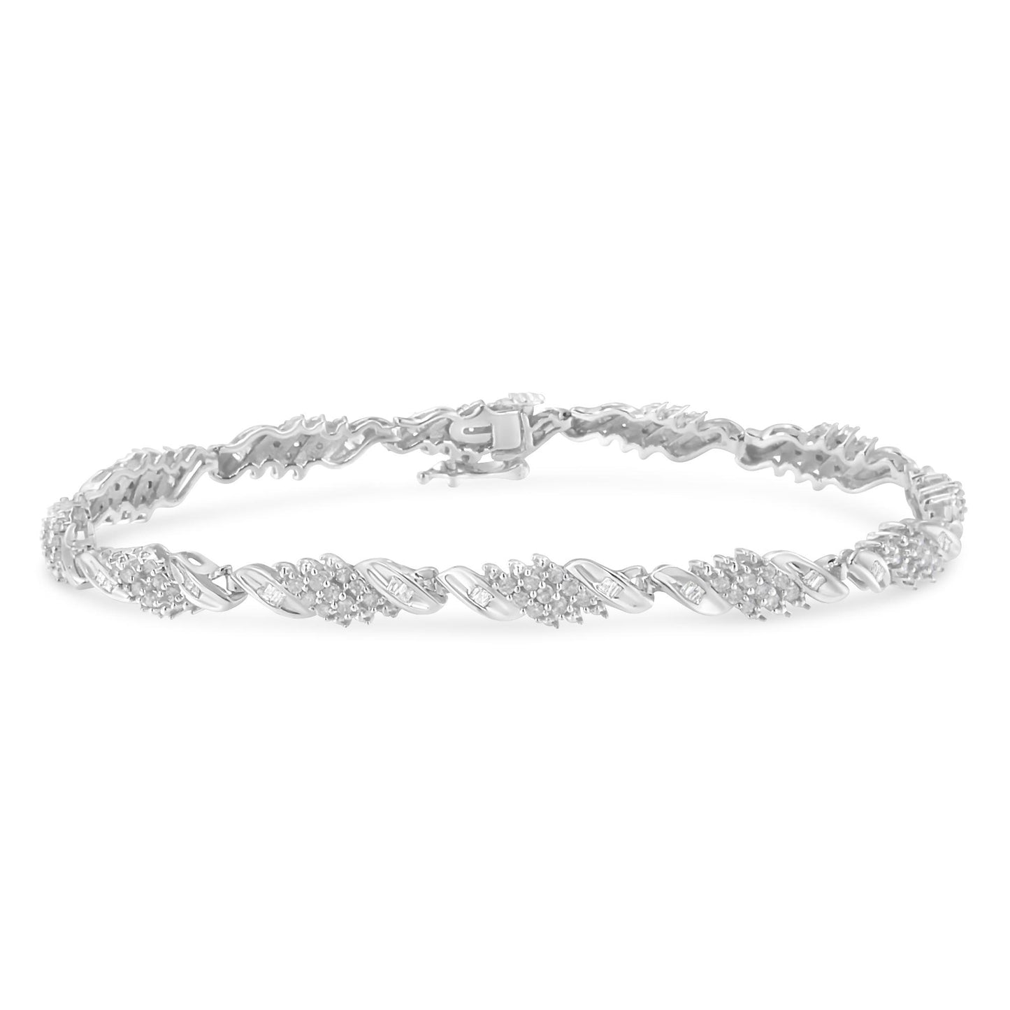 White metal bracelet with alternating round pave and baguette channel set white gemstones, shown from the front at a slight angle.