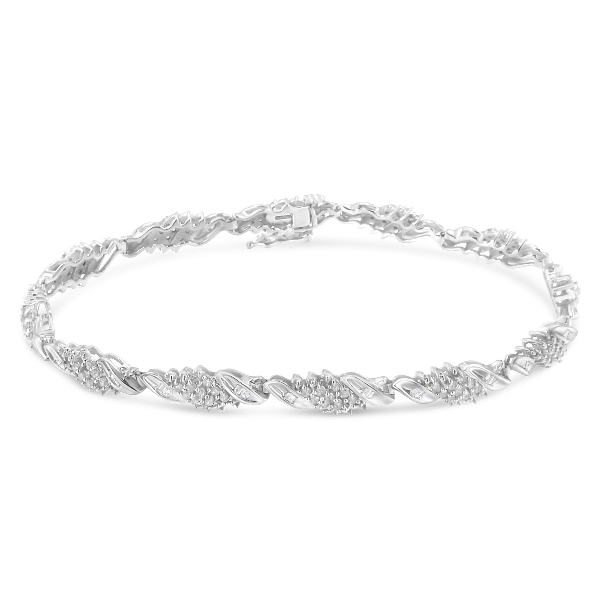 White metal bracelet with alternating sections of round pave-set white gemstones and baguette channel-set white gemstones, shown in a flat lay from a slightly elevated angle.