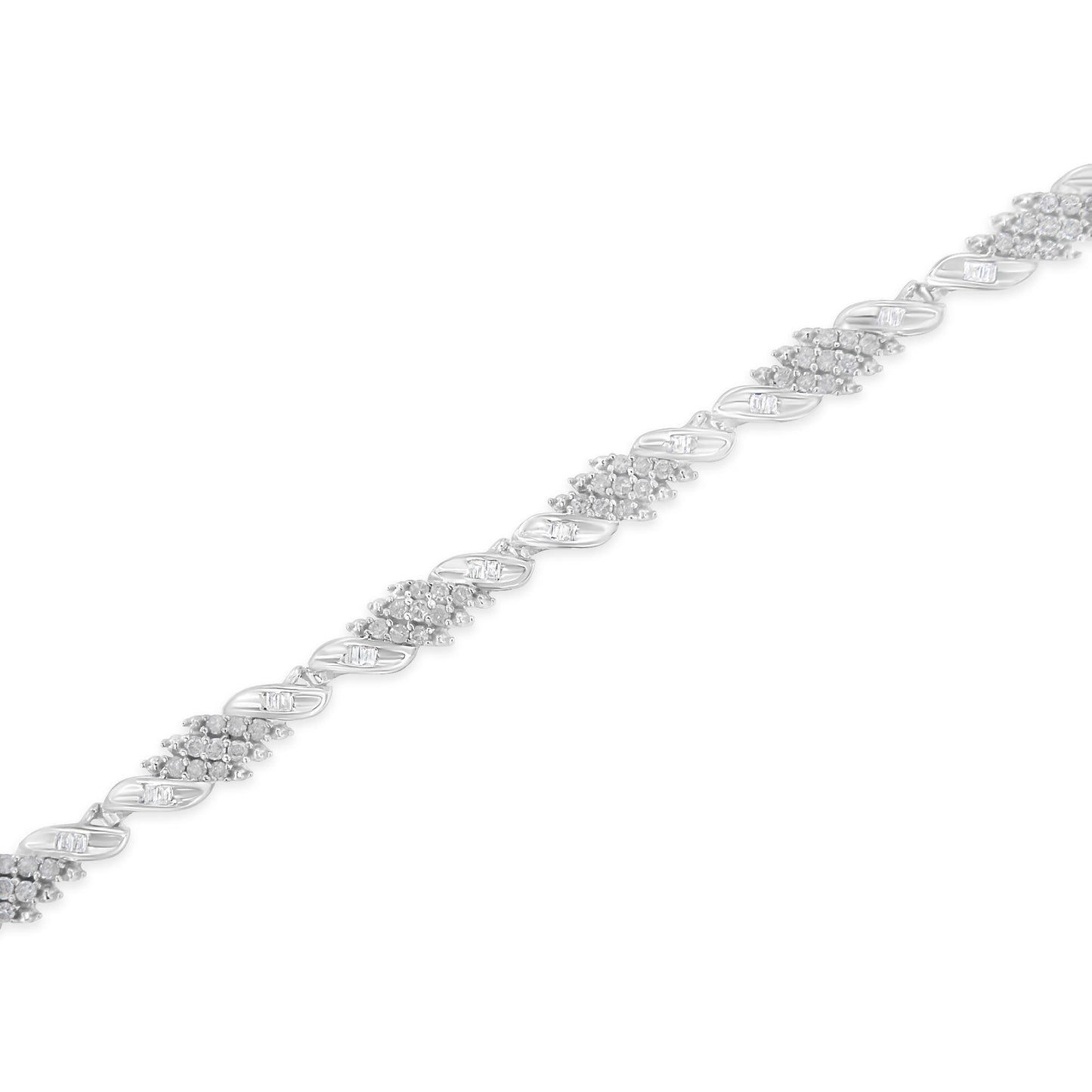 White metal bracelet with alternating clusters of round pave-set white gemstones and links featuring channel-set baguette white gemstones, shown in a diagonal top-down close-up view.