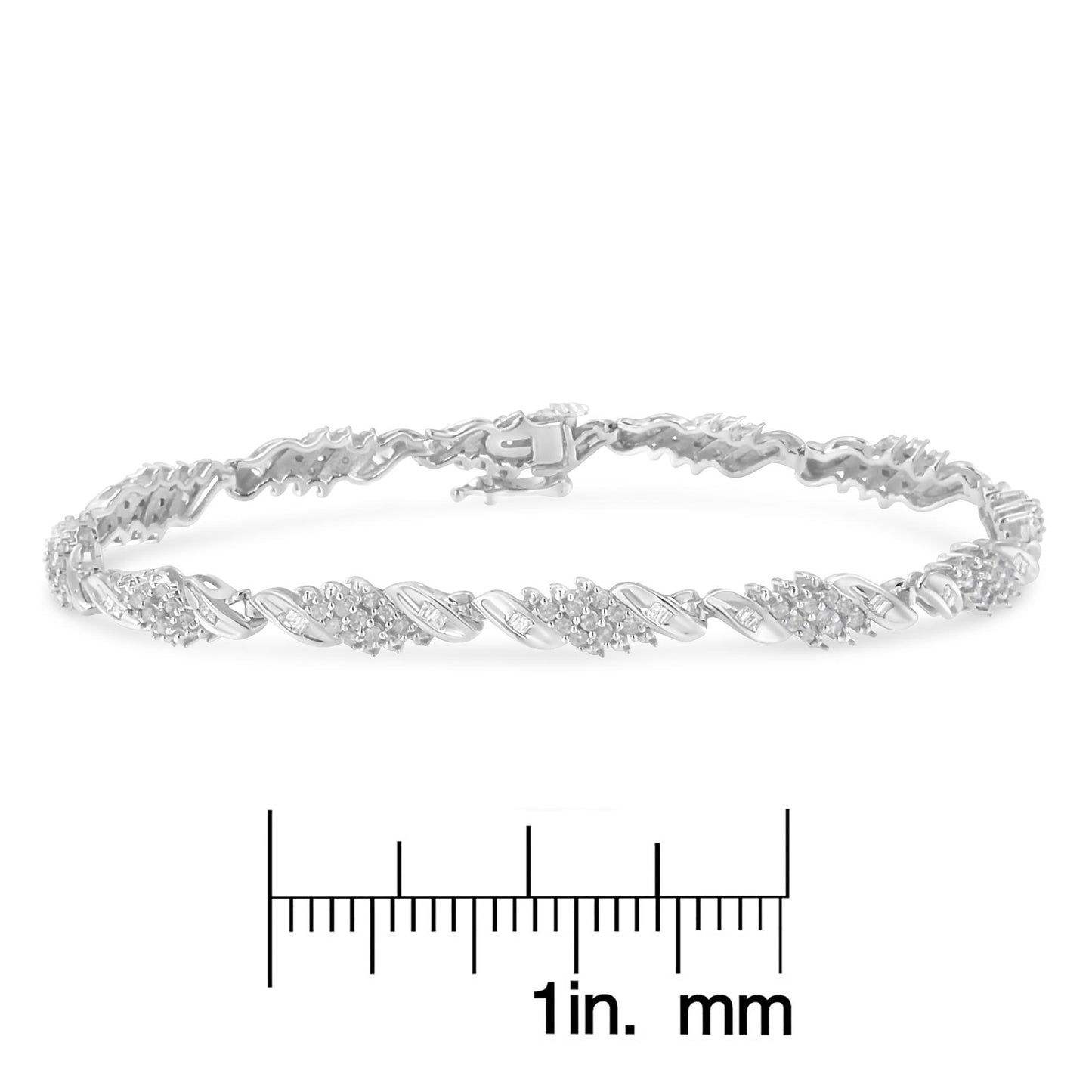 White metal bracelet with alternating clusters of round pave-set white gemstones and twisted links with channel-set baguette white gemstones, shown flat on a white background with a ruler for size reference, front angle.
